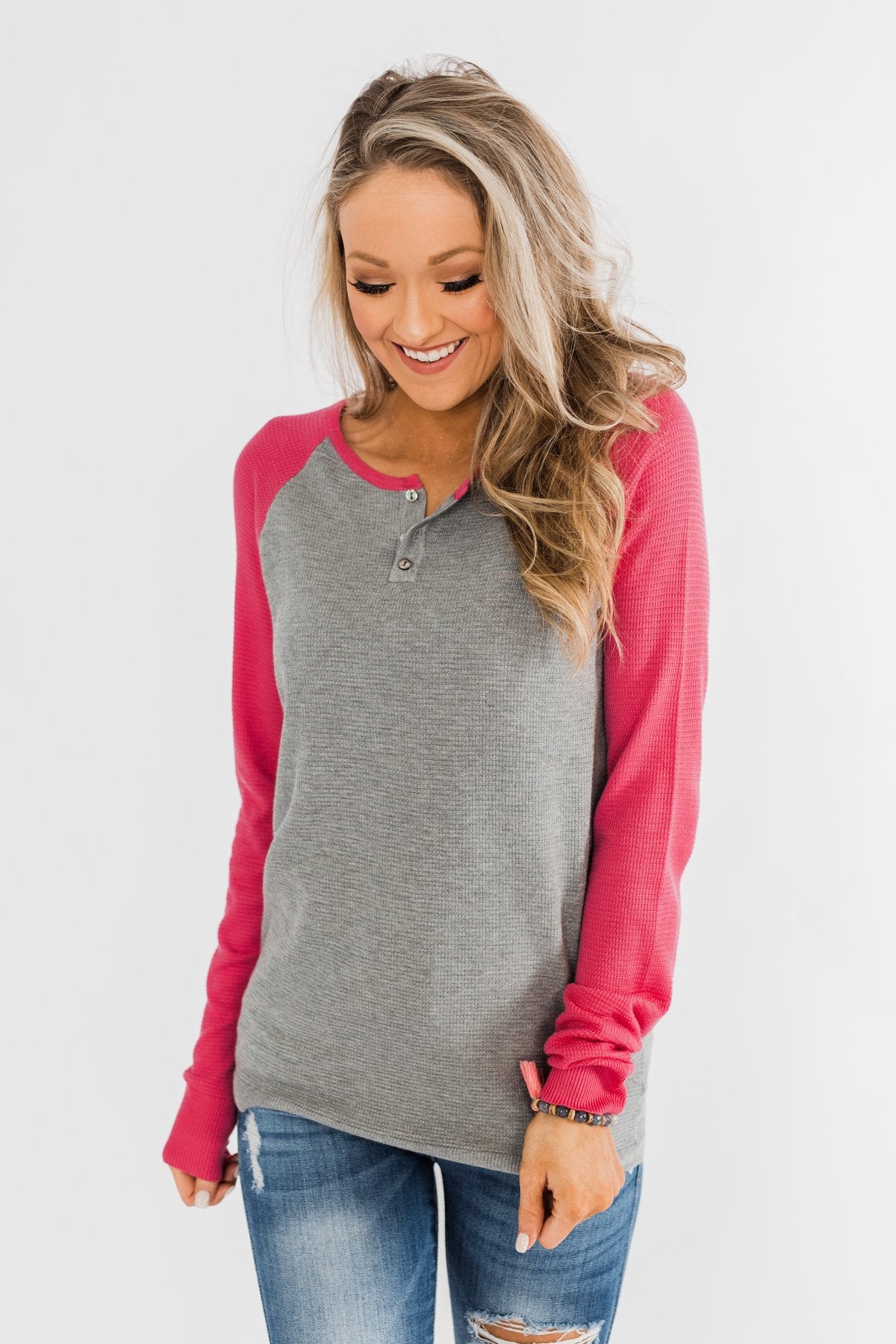 Good Things To Come Raglan Top- Dark Grey & Pink