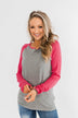 Good Things To Come Raglan Top- Dark Grey & Pink