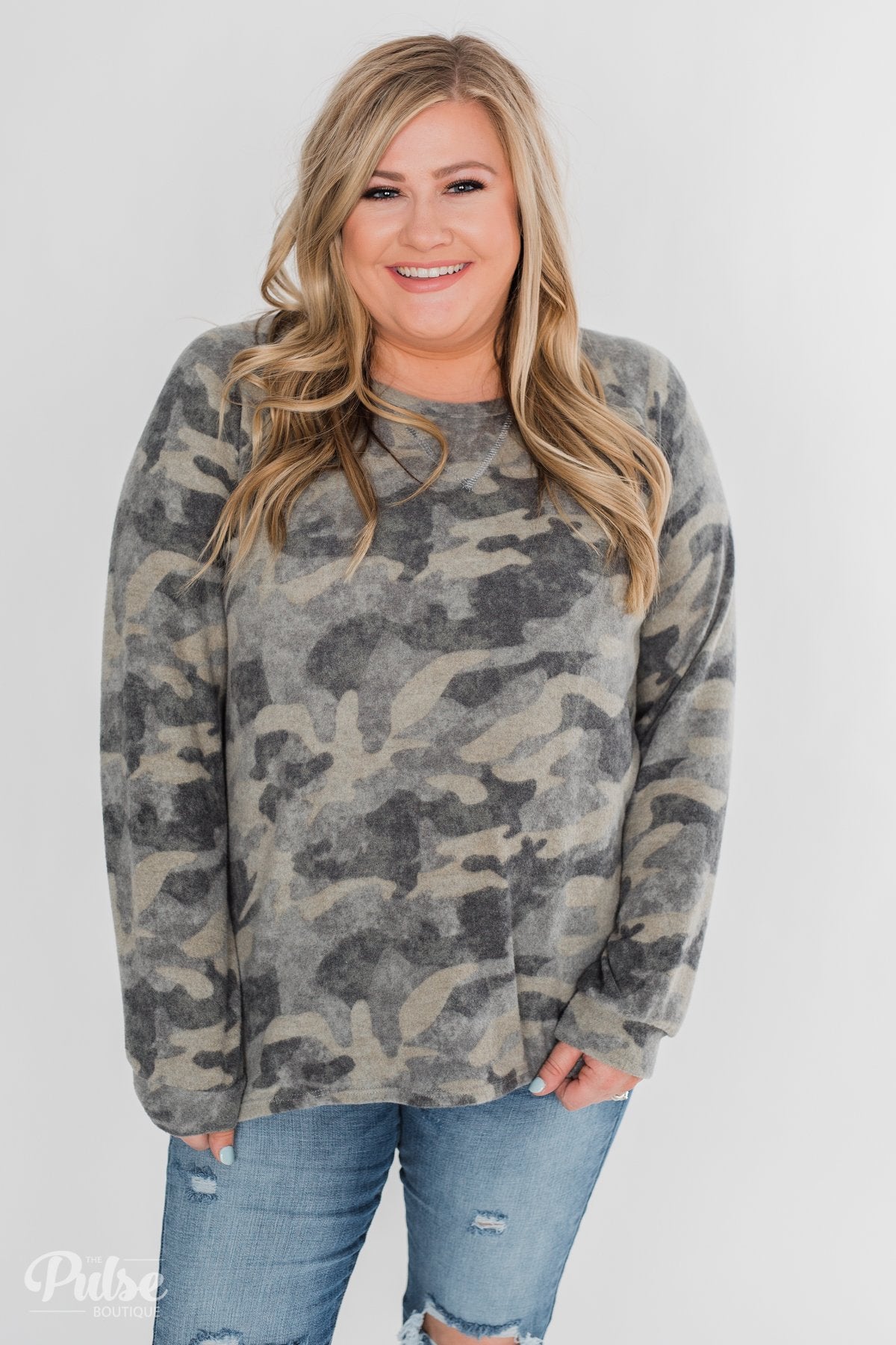 Fleece Pullover Top- Grey Camo