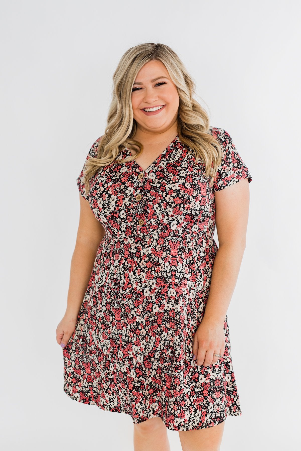 Just Say Yes Floral Button Dress- Black & Pink Just Say Yes Floral Button Dress- Black & Pink