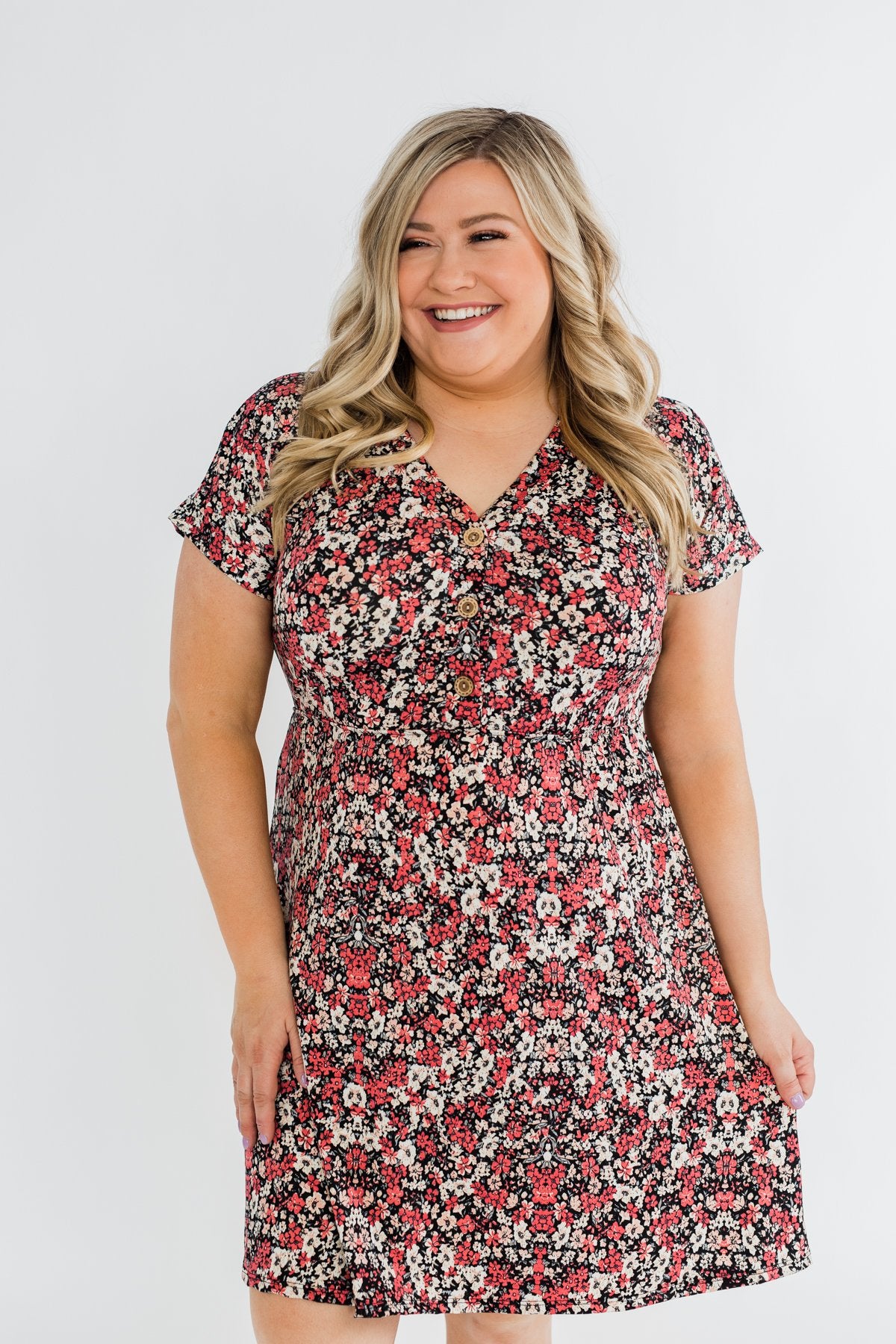 Just Say Yes Floral Button Dress- Black & Pink