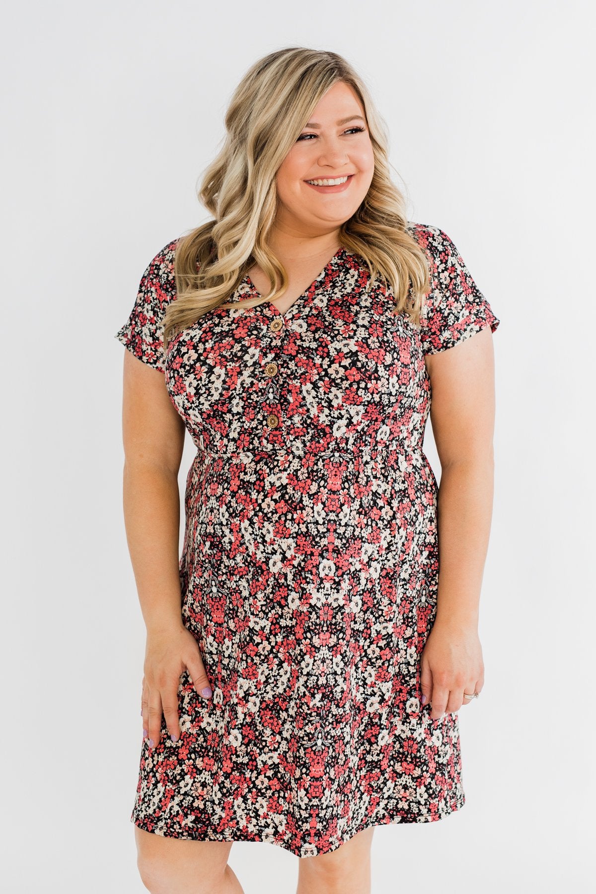 Just Say Yes Floral Button Dress- Black & Pink