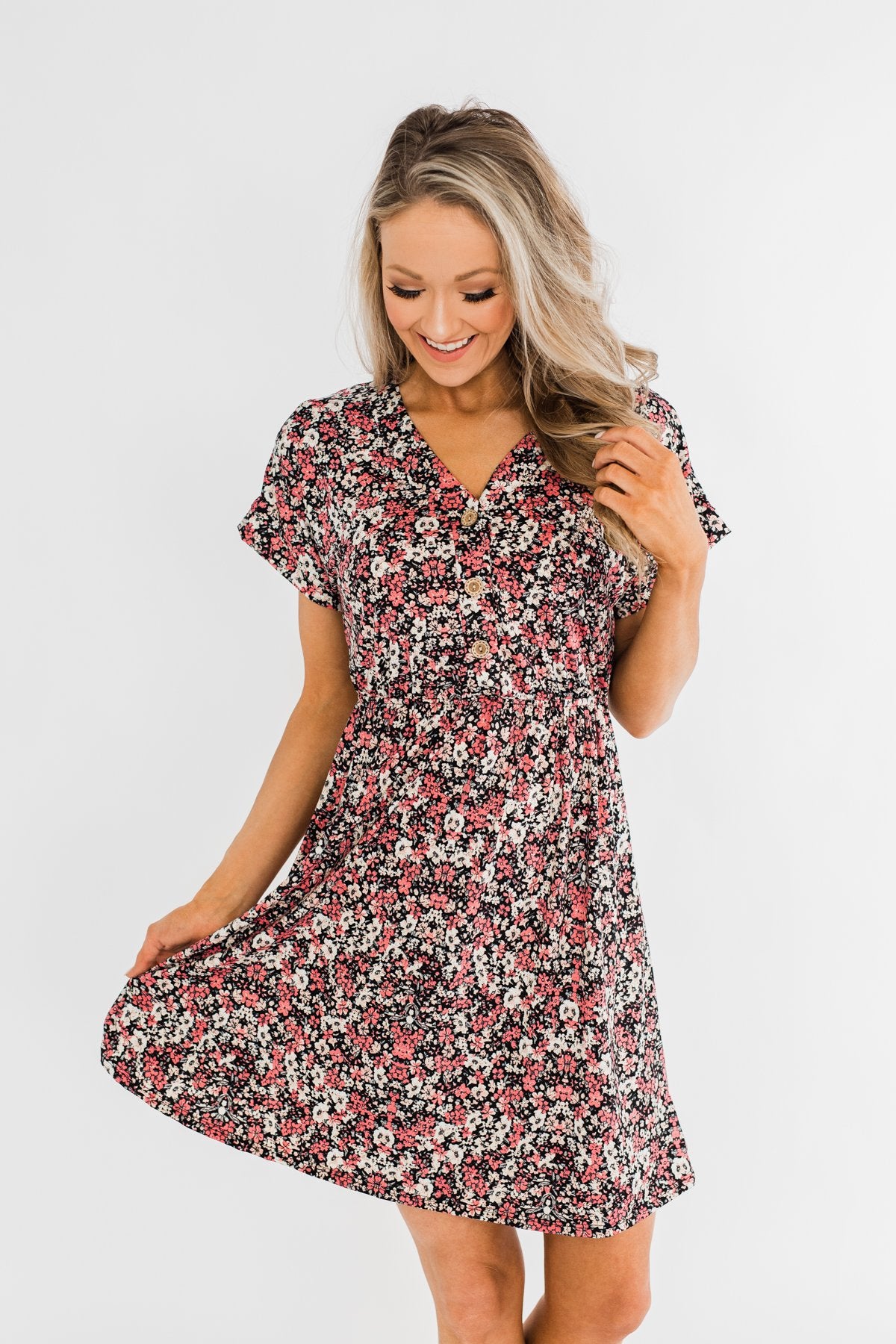 Just Say Yes Floral Button Dress- Black & Pink
