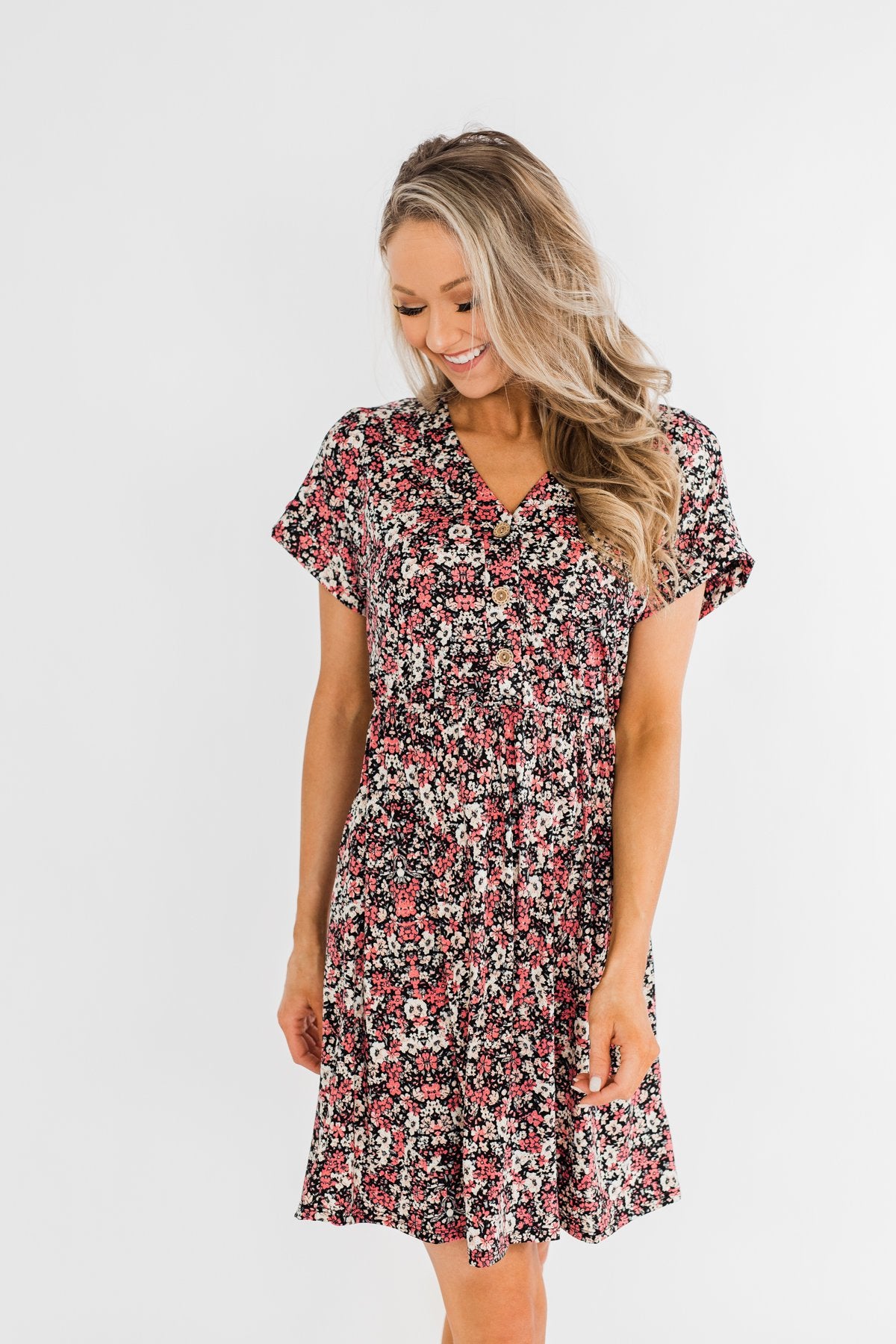 Just Say Yes Floral Button Dress- Black & Pink