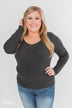 Fitted V-Neck Long Sleeve Top - Charcoal