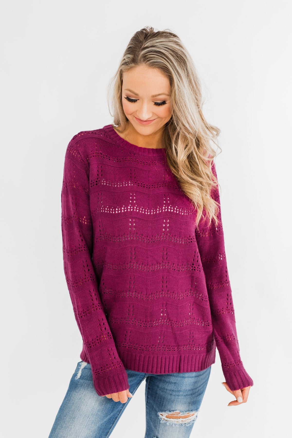 Royal Harmony Open Knit Sweater- Deep Magenta
