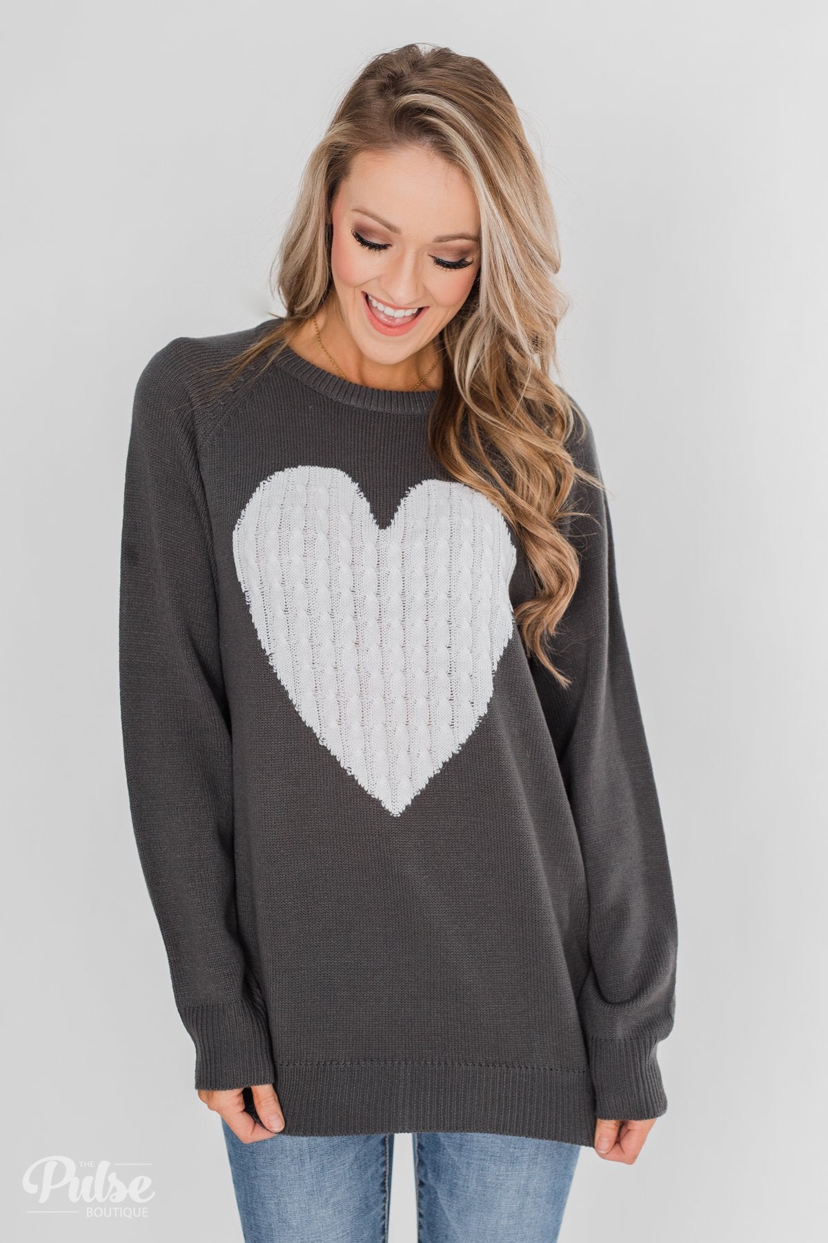 Love Your Life Knitted Heart Sweater - Charcoal