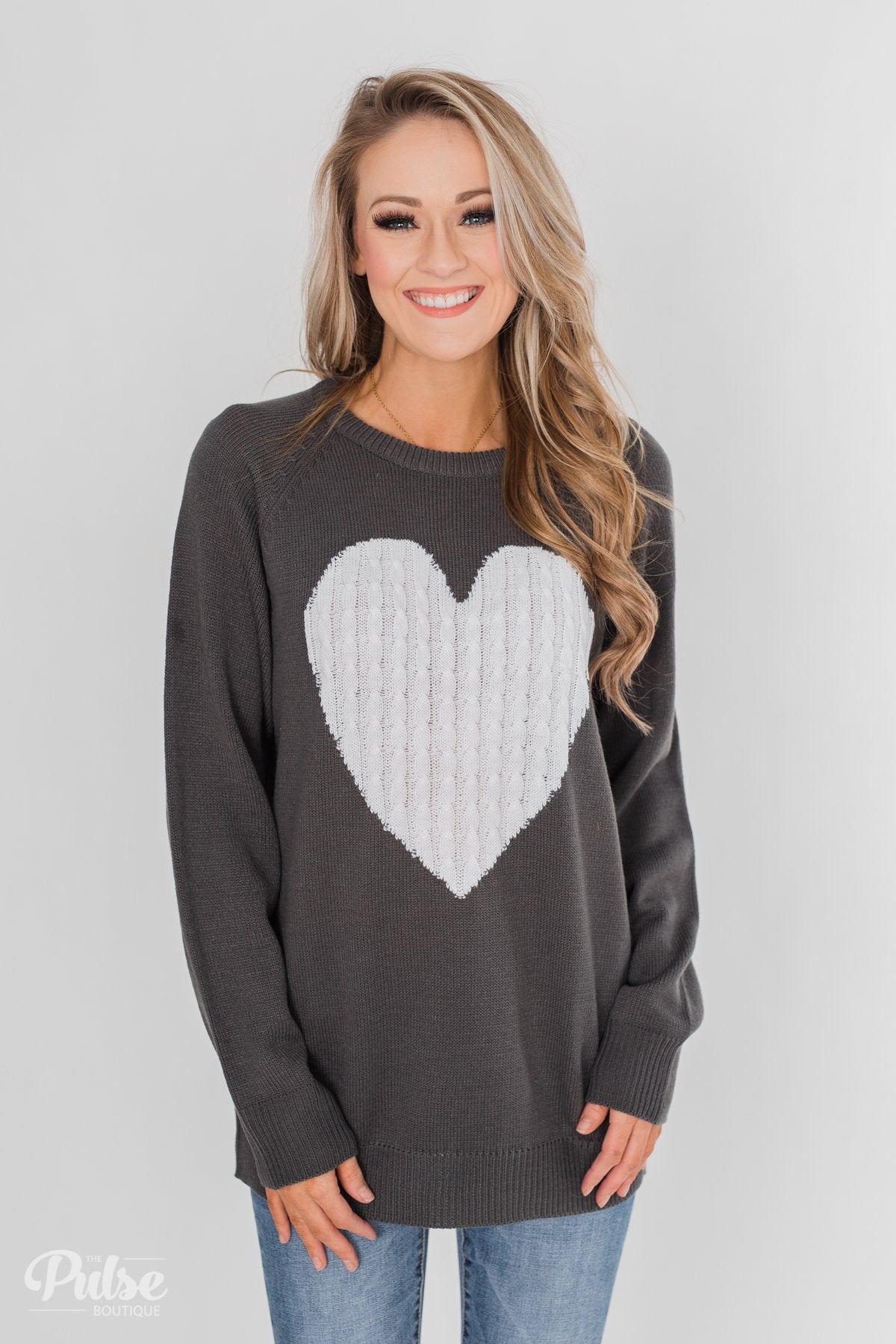 Love Your Life Knitted Heart Sweater - Charcoal