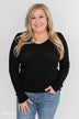 Fitted V-Neck Long Sleeve Top - Black