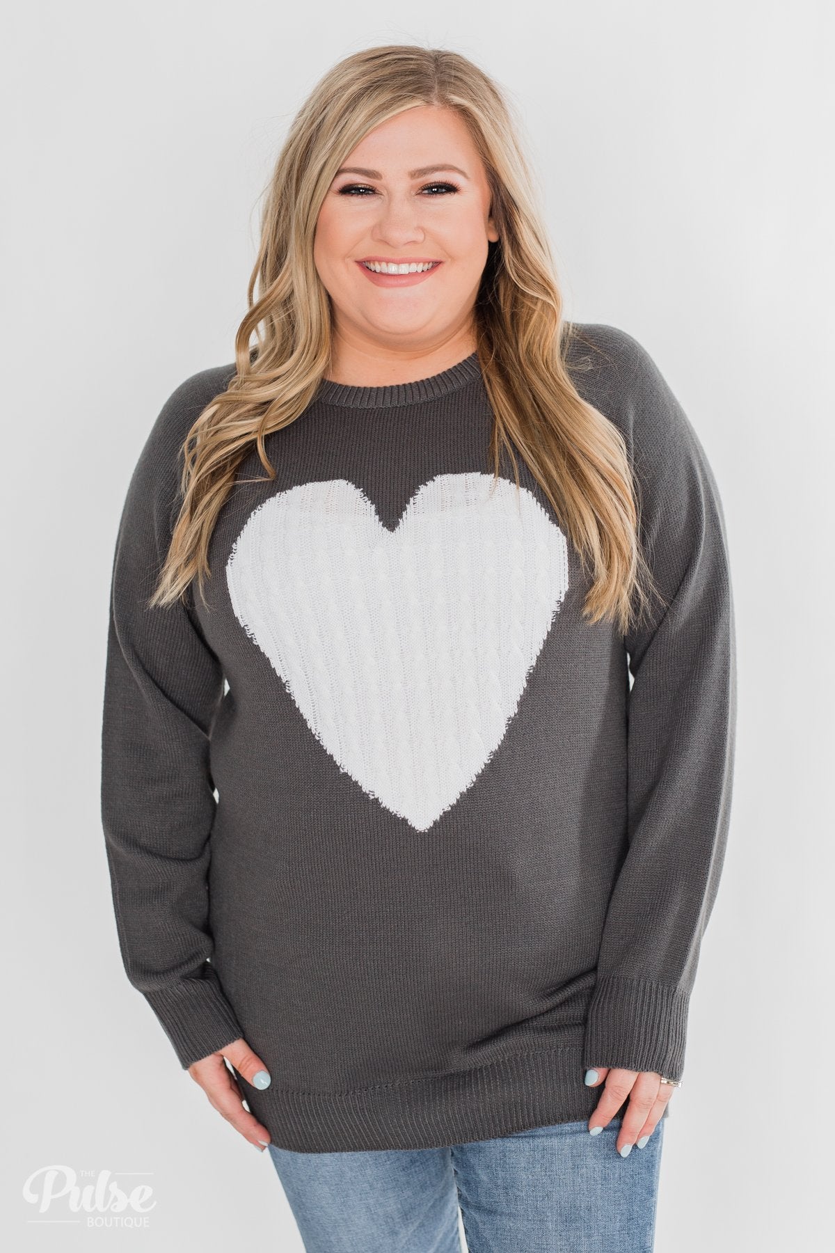 Love Your Life Knitted Heart Sweater - Charcoal