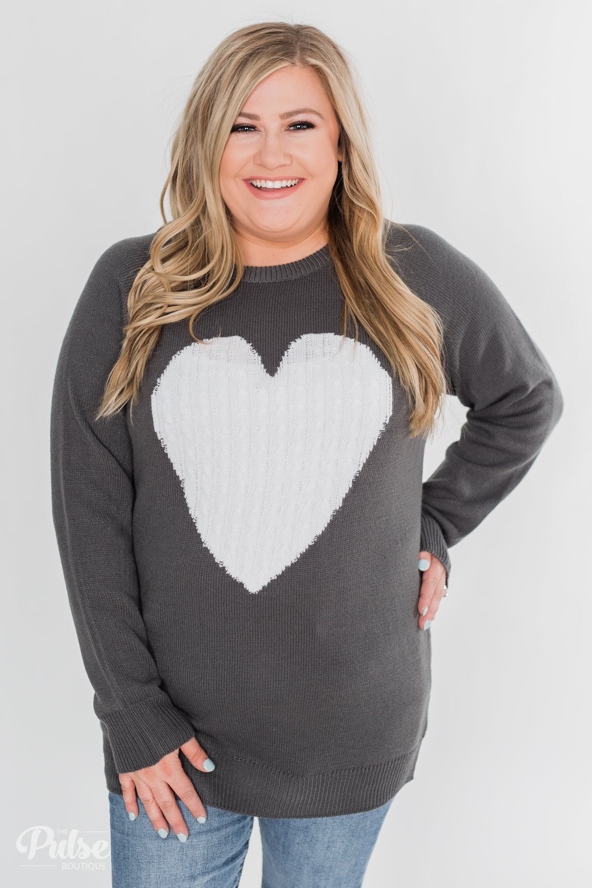 Love Your Life Knitted Heart Sweater - Charcoal