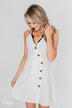 V-Neck Striped Button Dress- White