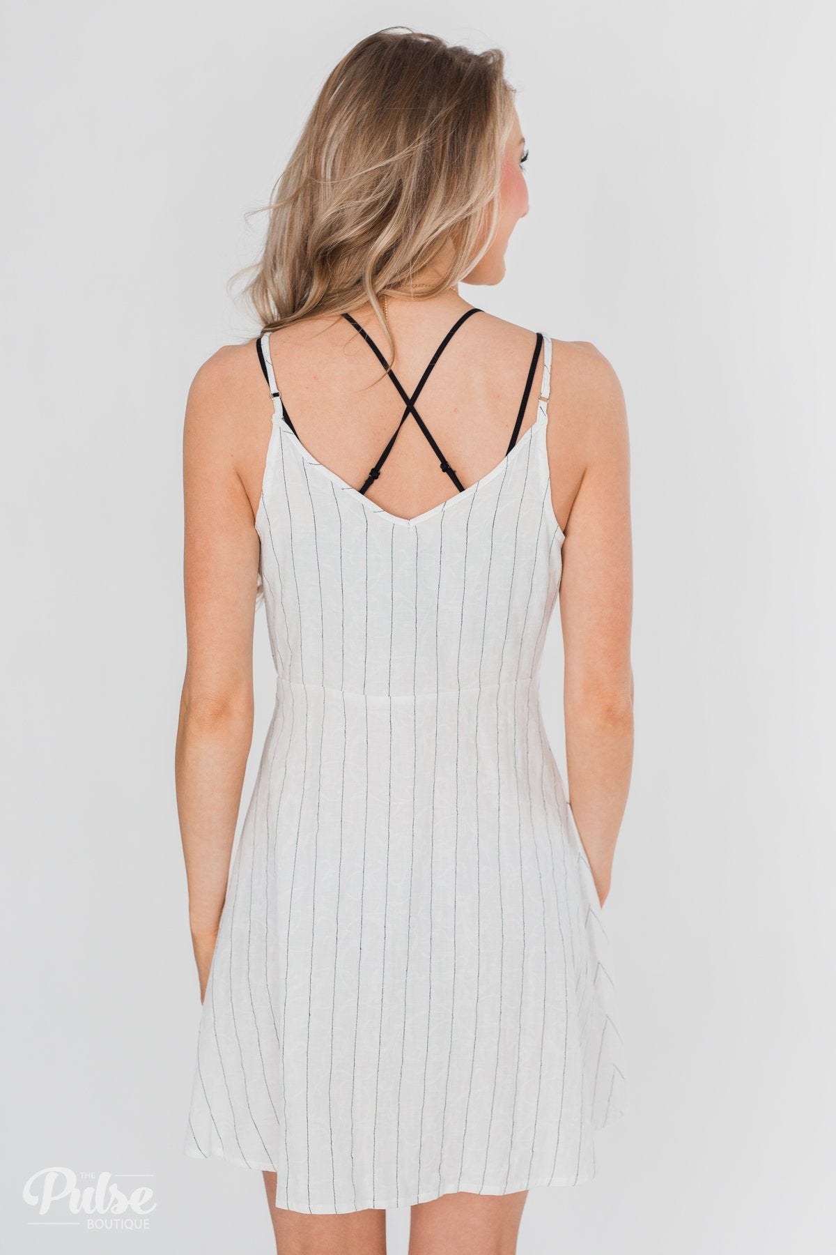 V-Neck Striped Button Dress- White