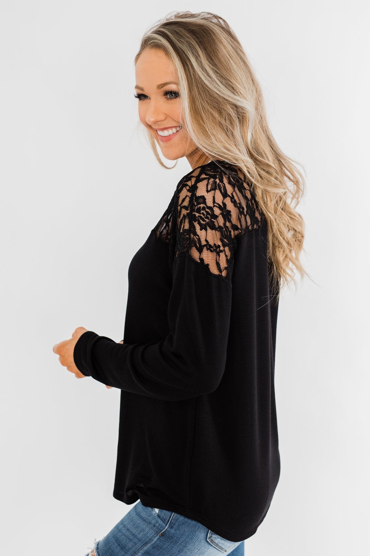 Hometown Dreamer Lace Pullover Top- Black