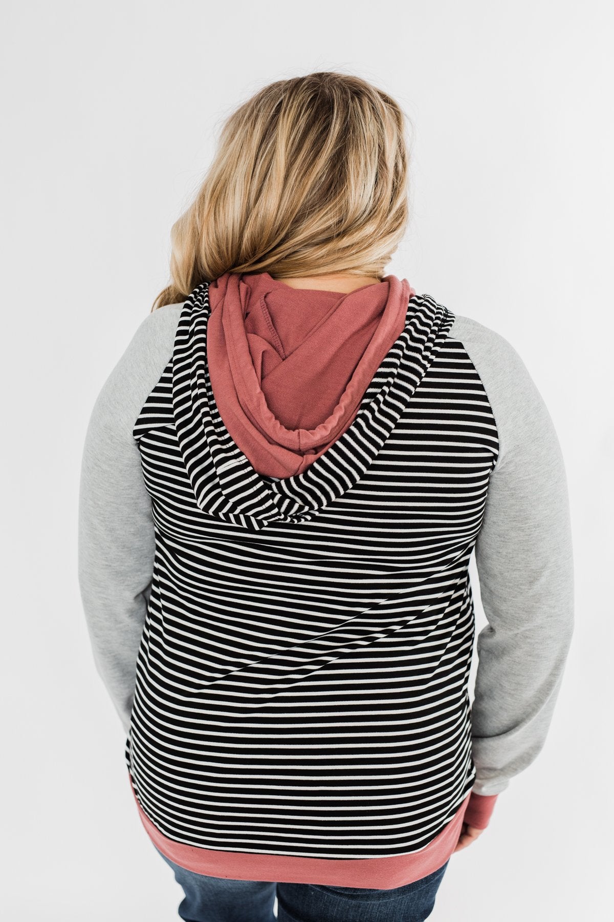 Hand In Hand Striped Double Hoodie- Grey & Mauve