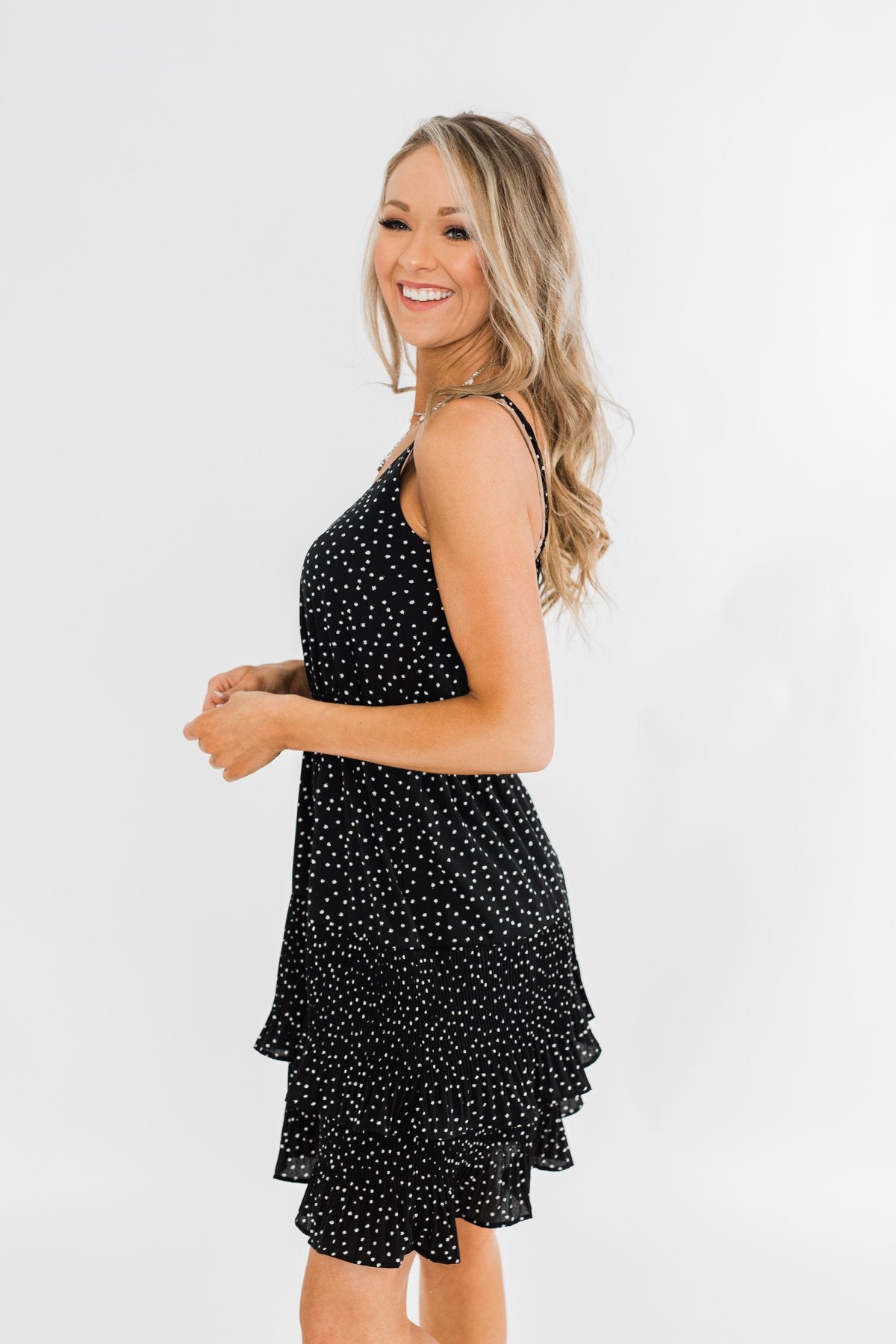 See Me Smile Speckled Ruffle Dress- Black