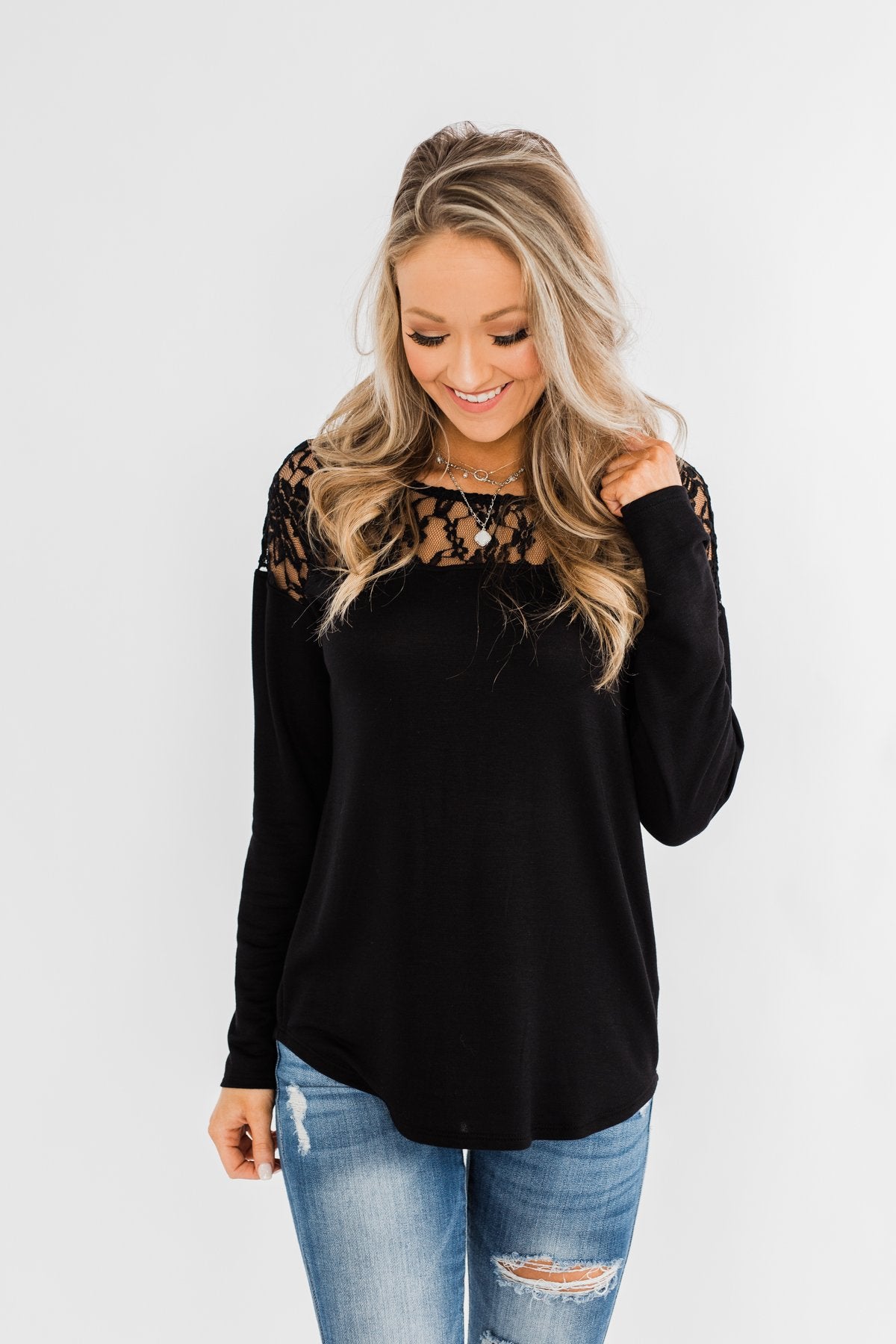 Hometown Dreamer Lace Pullover Top- Black
