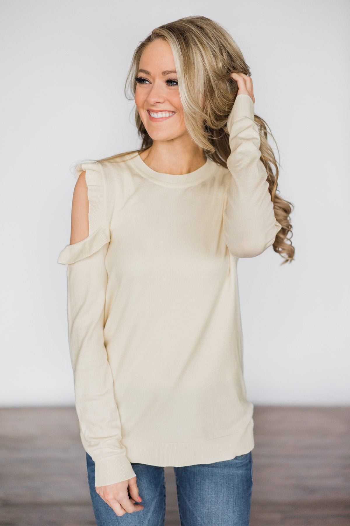 All Ruffled Up Cream Cold Shoulder Top