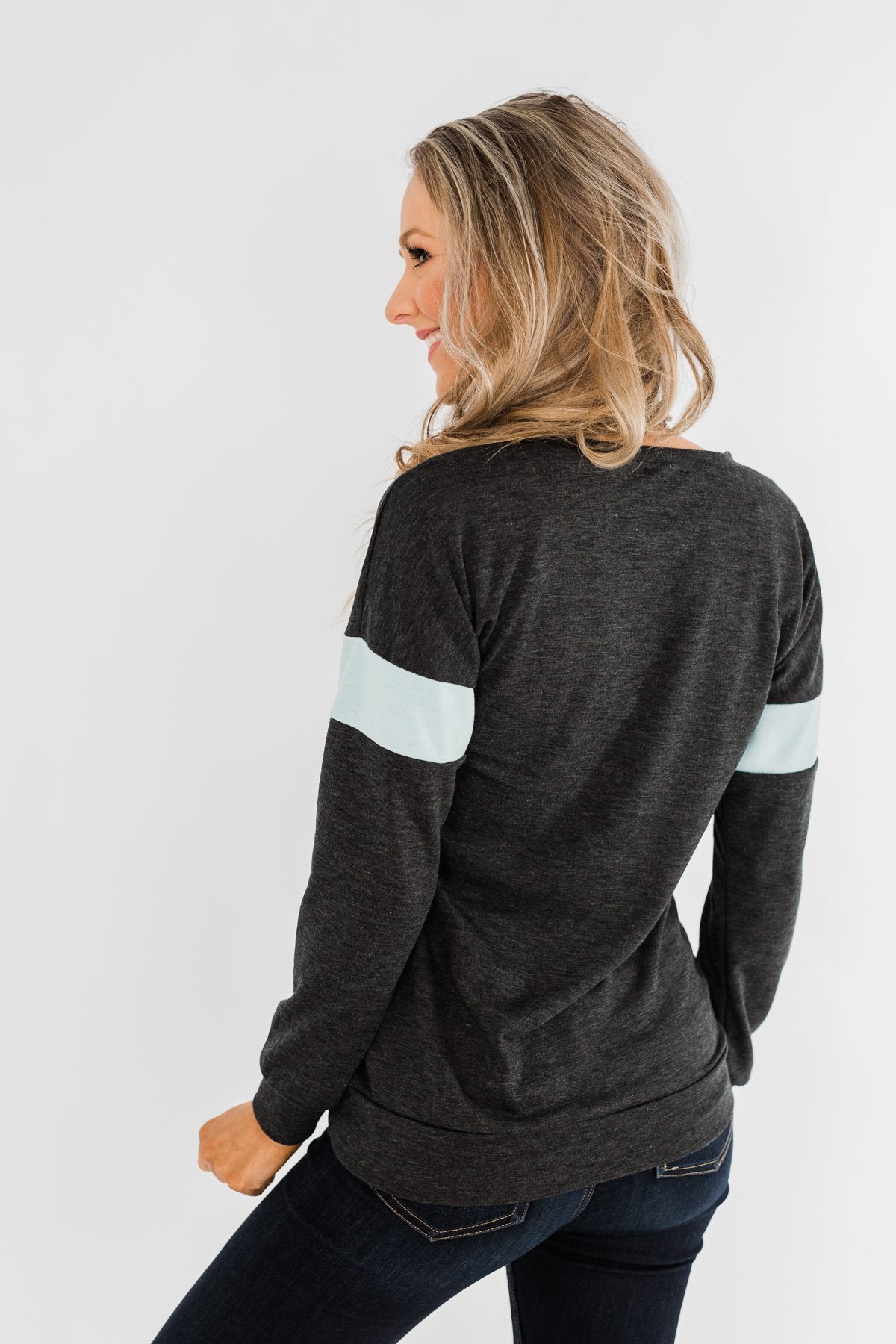 Make No Mistake Long Sleeve Top- Charcoal & Powder Blue