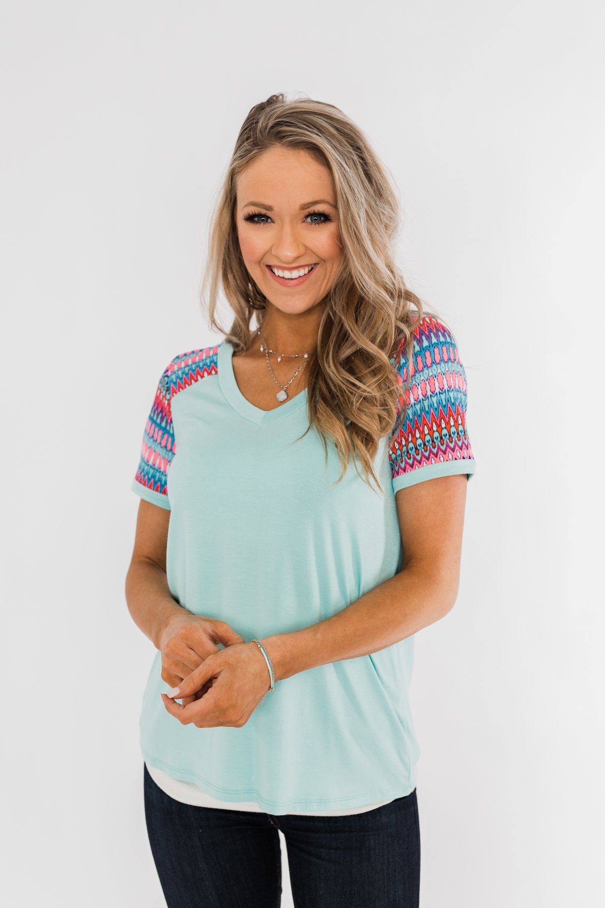 Splash Of Color Short Sleeve Top- Mint Blue