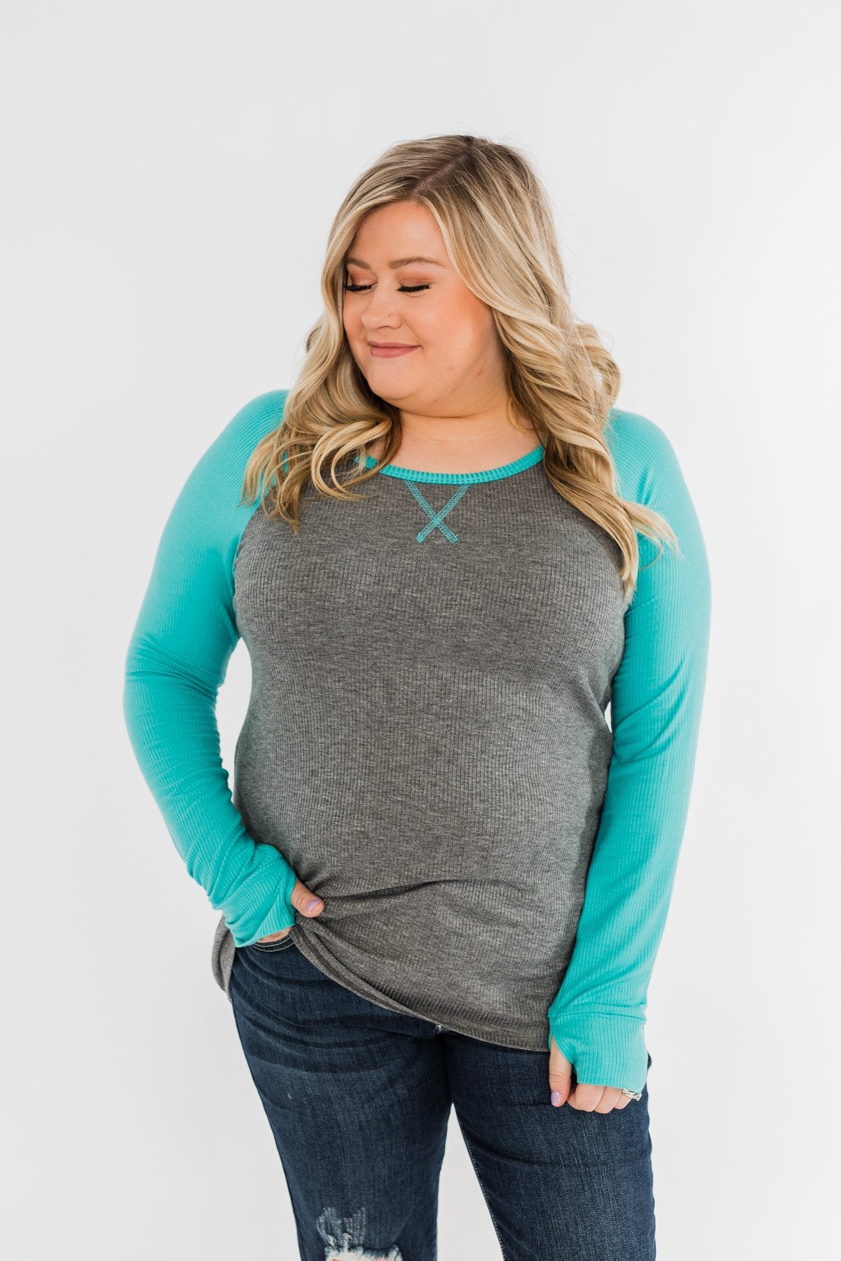 Season Awaits Long Sleeve Raglan Top- Turquoise – The Pulse Boutique