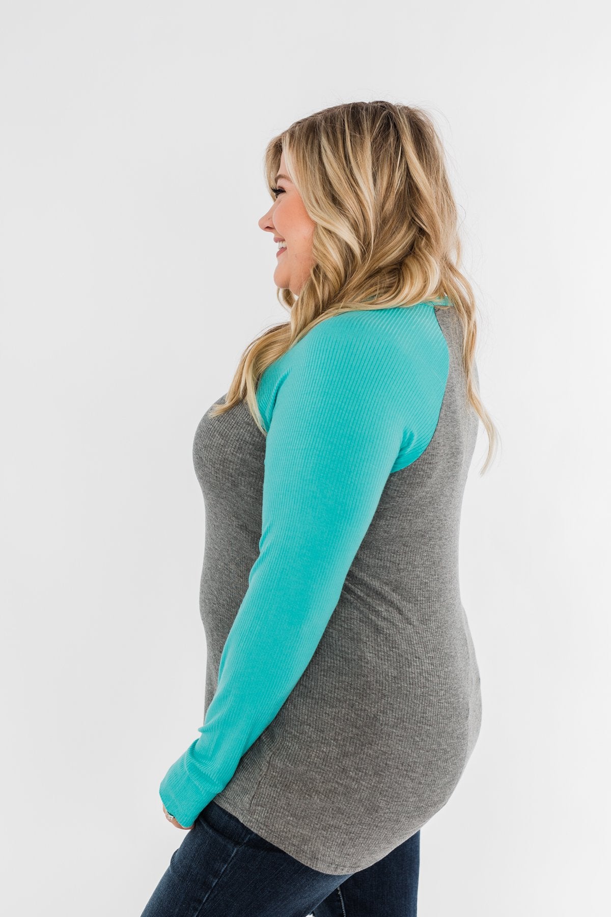 Season Awaits Long Sleeve Raglan Top- Turquoise