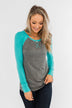 Season Awaits Long Sleeve Raglan Top- Turquoise
