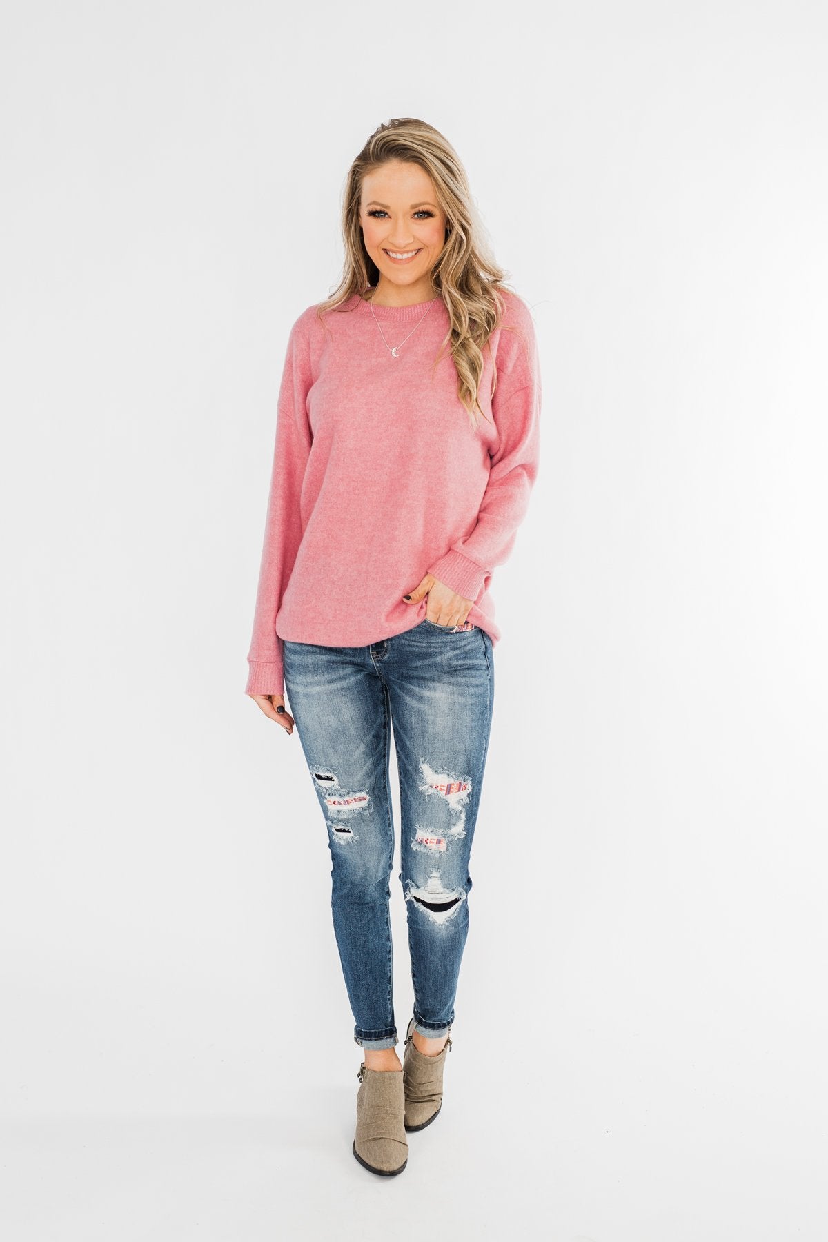 Another Day Long Sleeve Knit Sweater- Pink