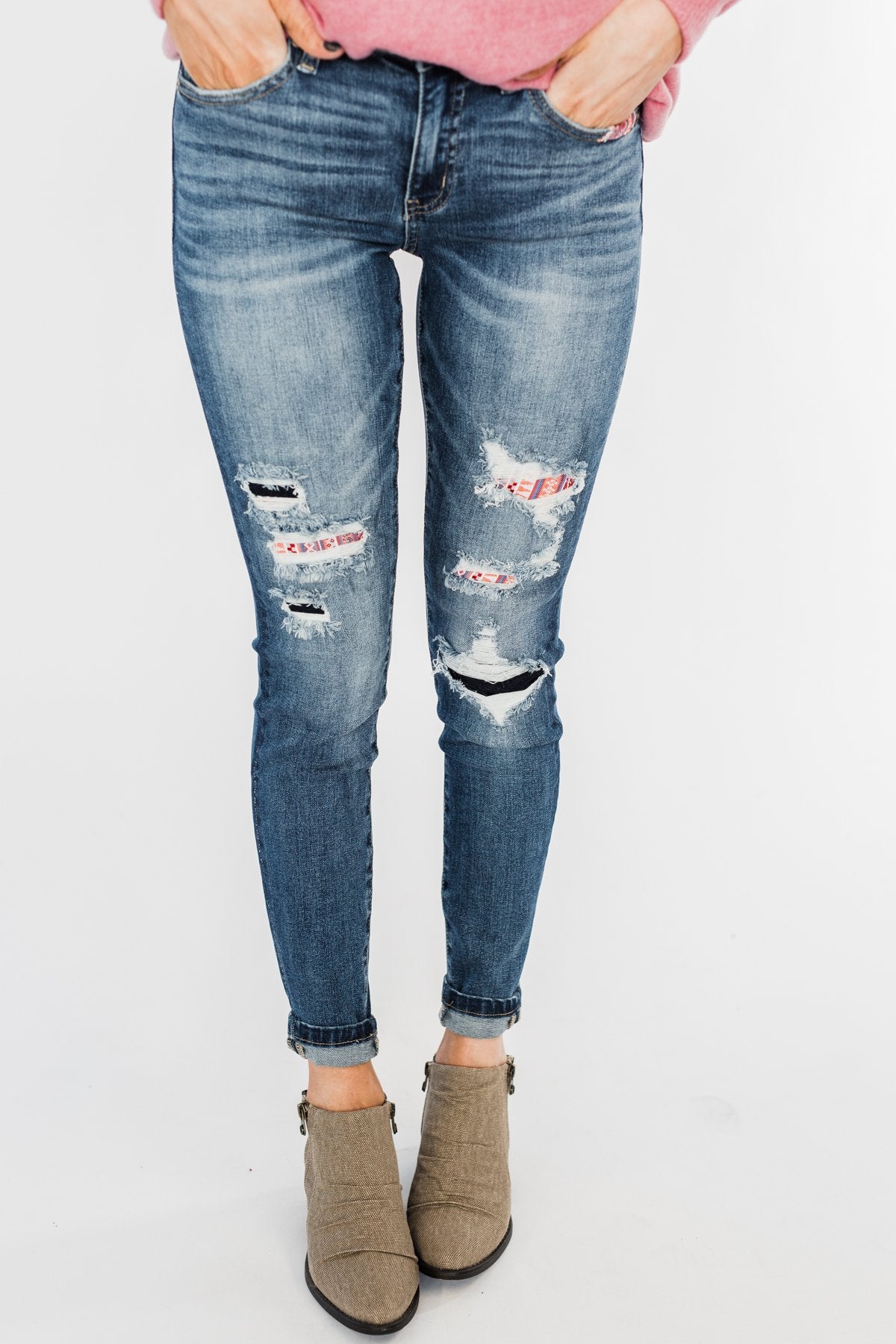 KanCan Distressed Skinny Jeans- Aztec Patch