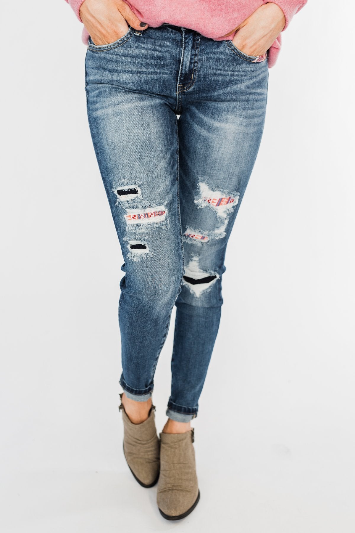KanCan Distressed Skinny Jeans- Aztec Patch