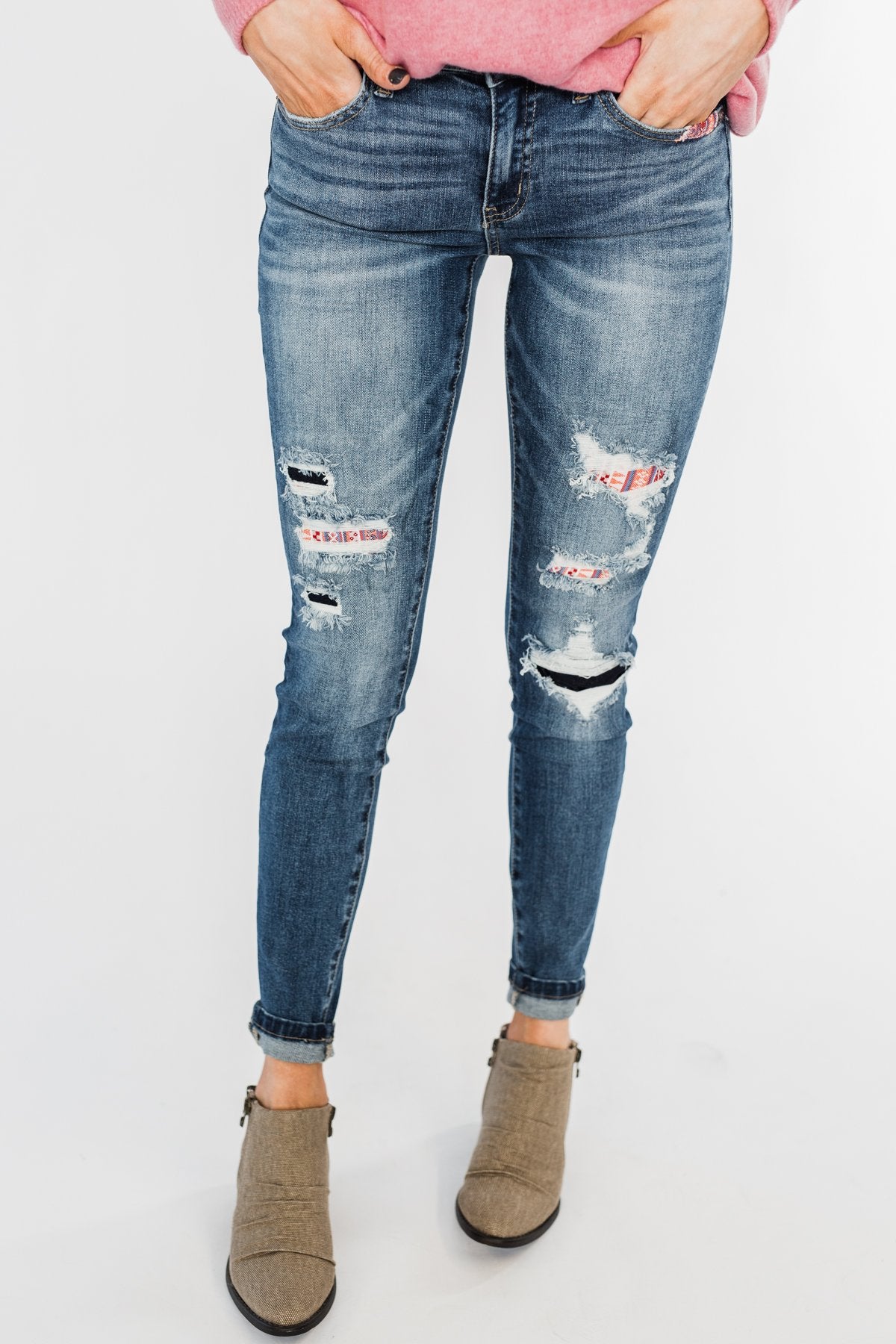 KanCan Distressed Skinny Jeans- Aztec Patch