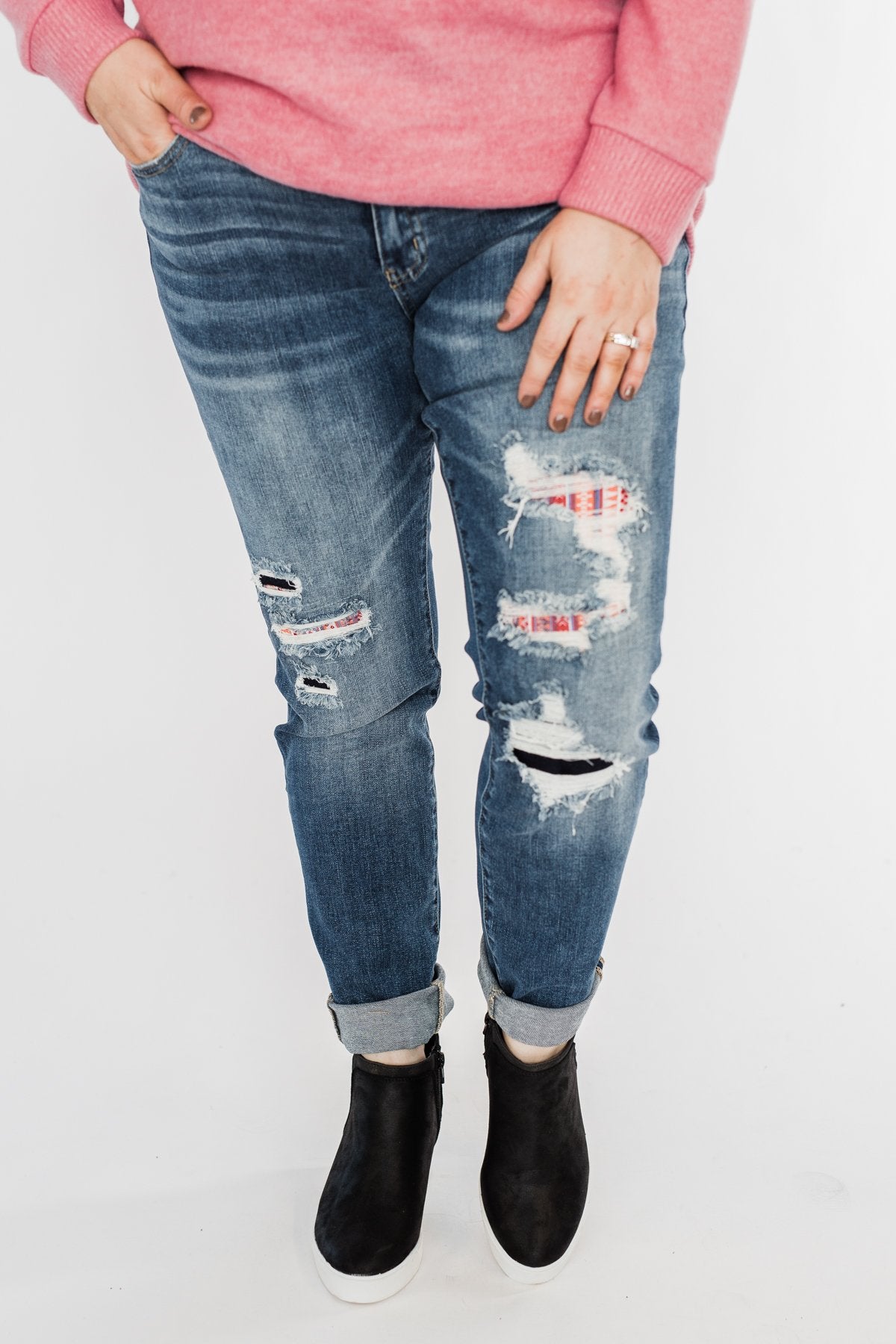 KanCan Distressed Skinny Jeans- Aztec Patch