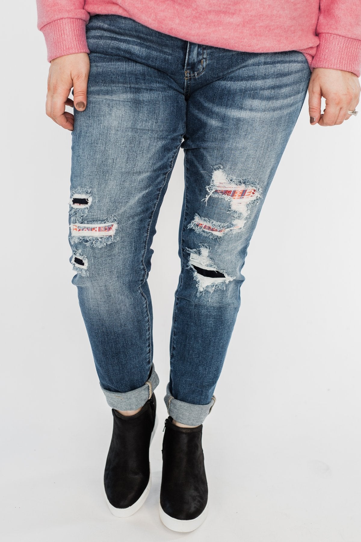 KanCan Distressed Skinny Jeans- Aztec Patch