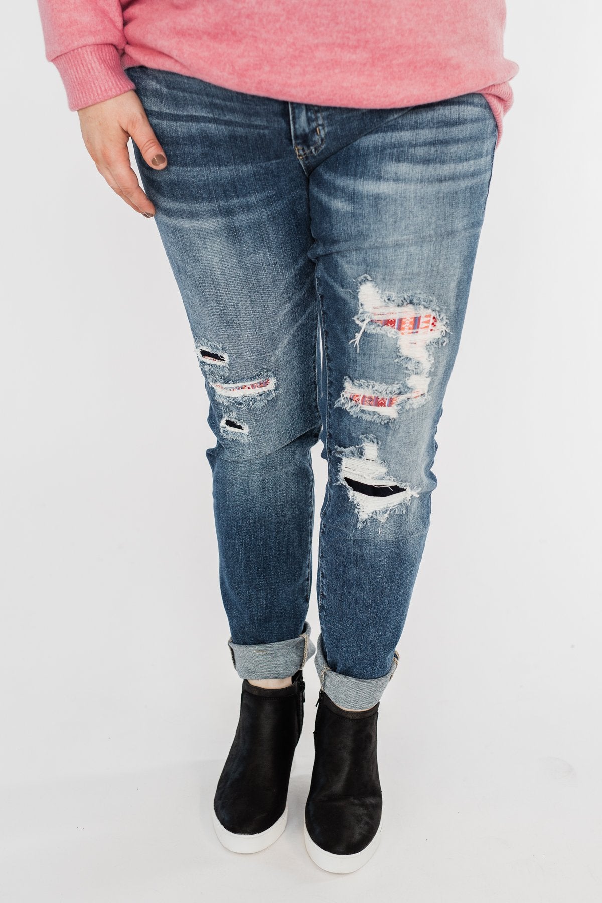 KanCan Distressed Skinny Jeans- Aztec Patch