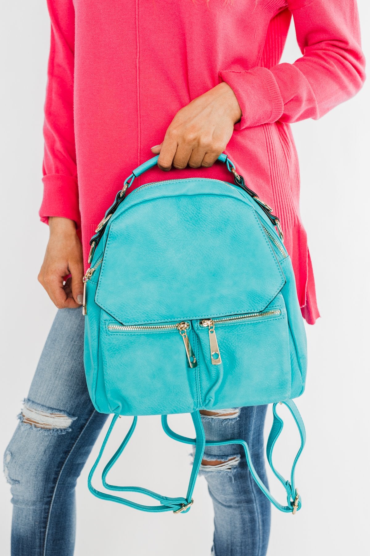 Everyday Zipper Detail Backpack- Turquoise