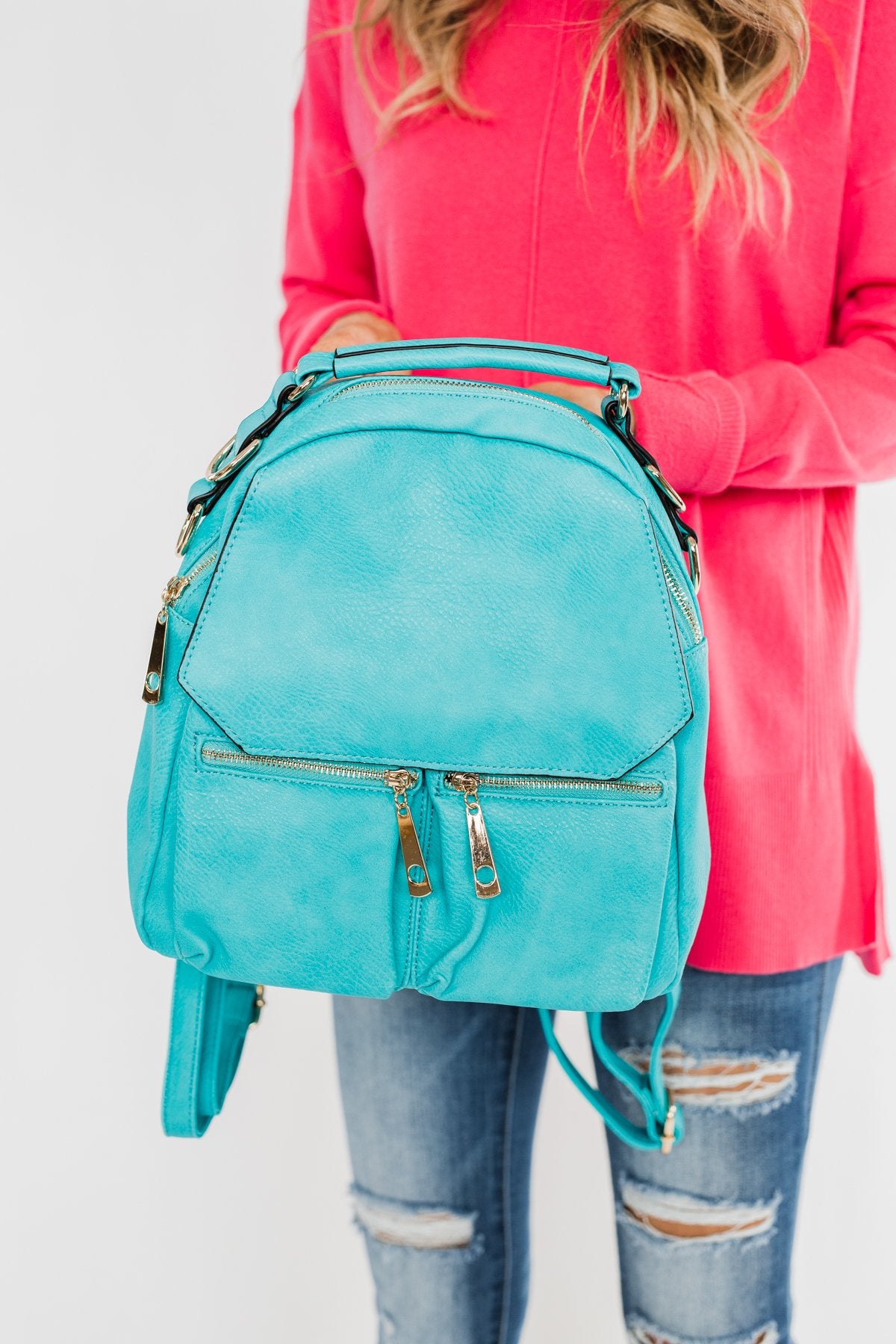 Everyday Zipper Detail Backpack- Turquoise