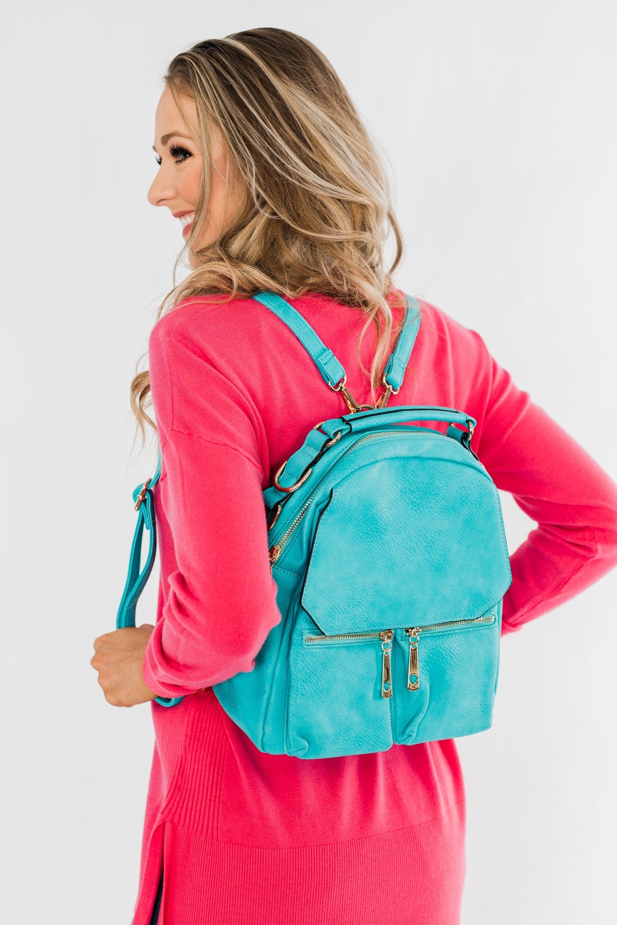 Everyday Zipper Detail Backpack- Turquoise