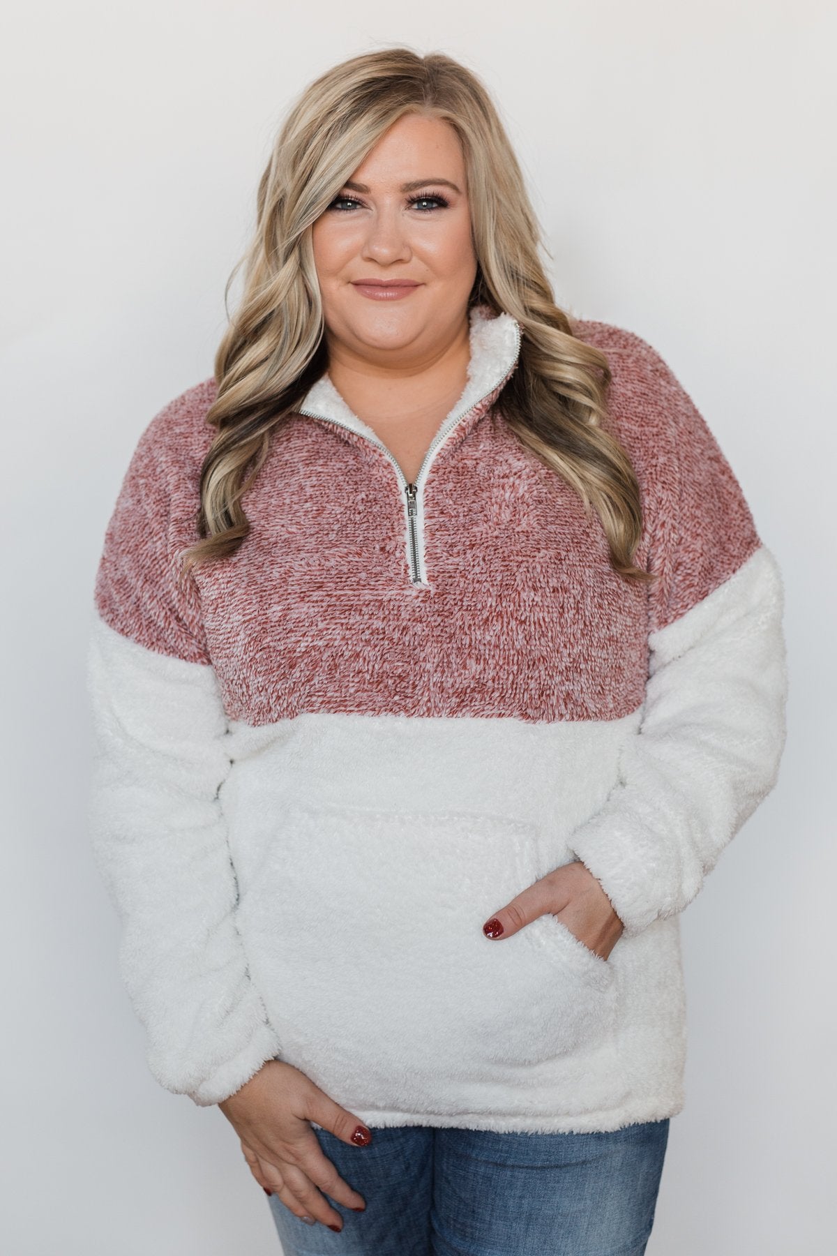 Sherpa Quarter Zip Pullover - Red & Ivory