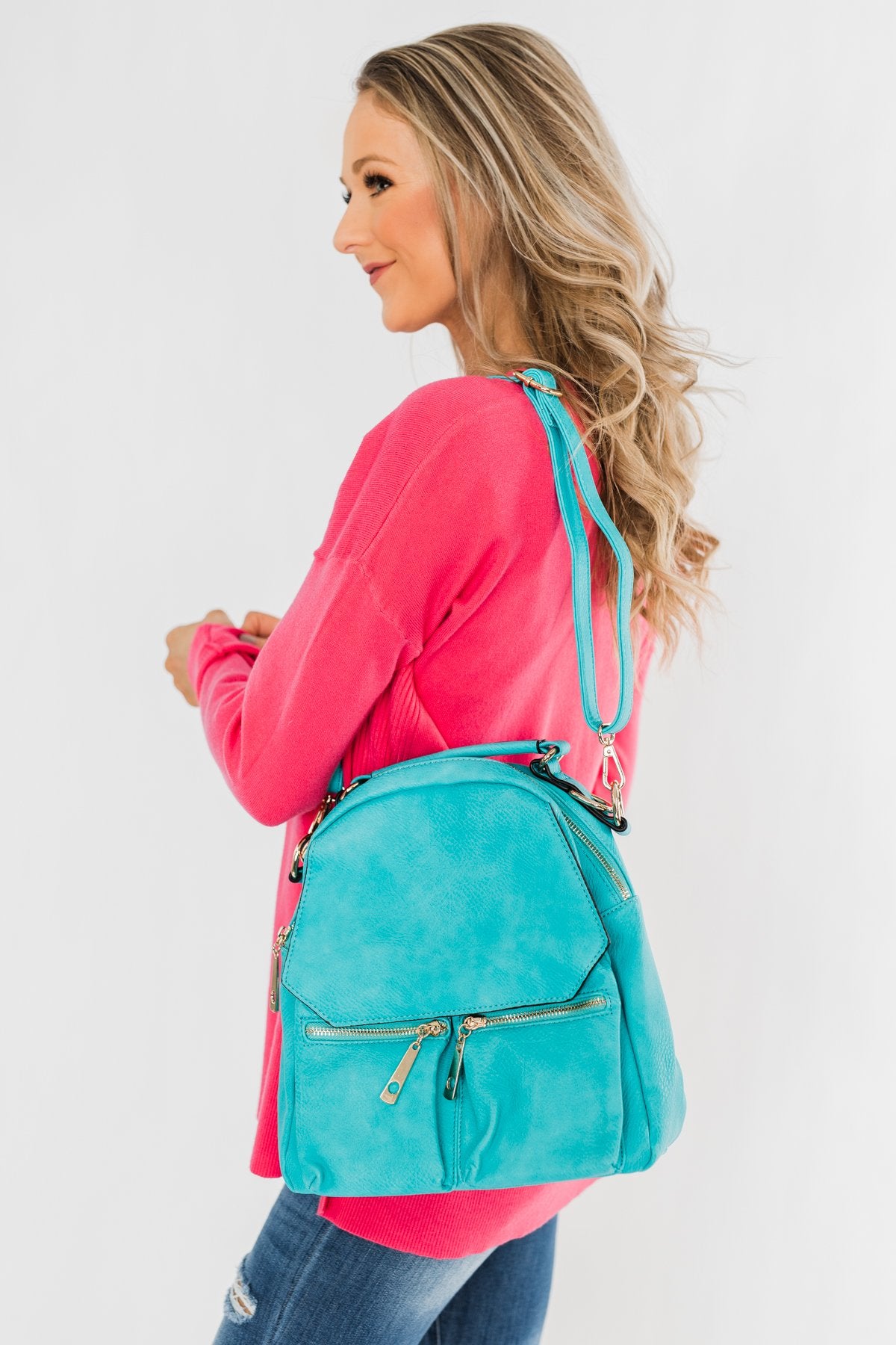 Everyday Zipper Detail Backpack- Turquoise