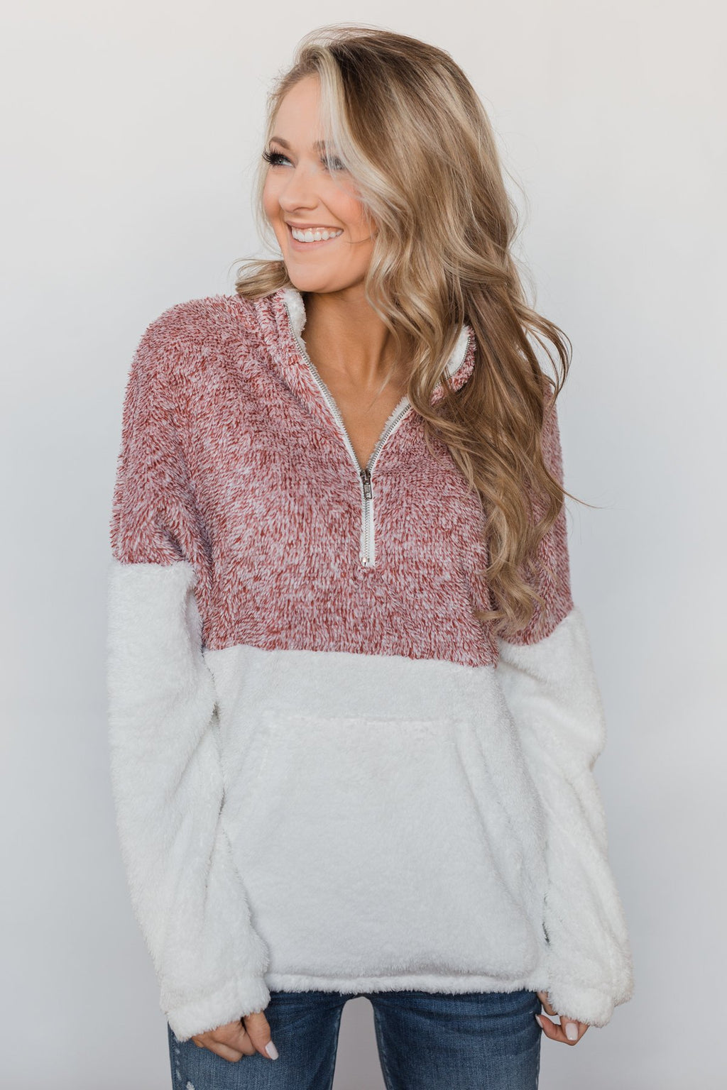 Sherpa Quarter Zip Pullover Red Ivory