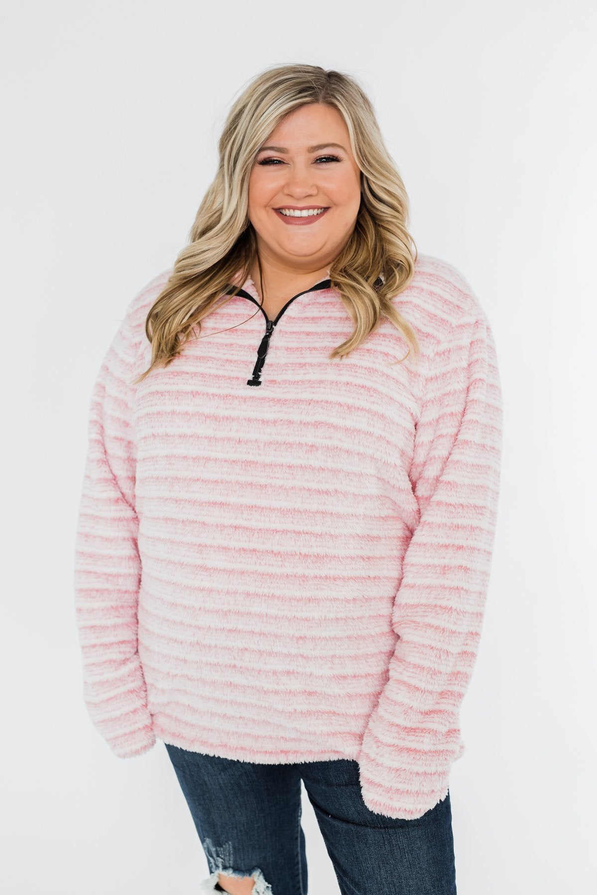 Quarter Zip Striped Sherpa- Pink & Ivory