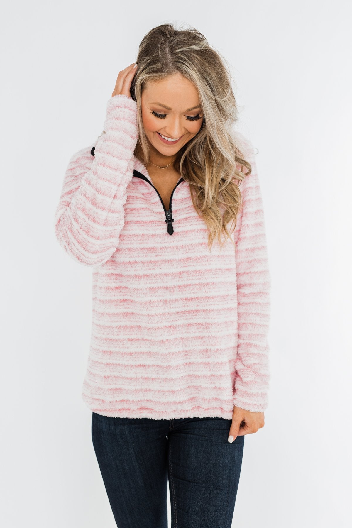Quarter Zip Striped Sherpa- Pink & Ivory