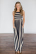 Beach Daze Striped Maxi Dress ~ Taupe & Navy