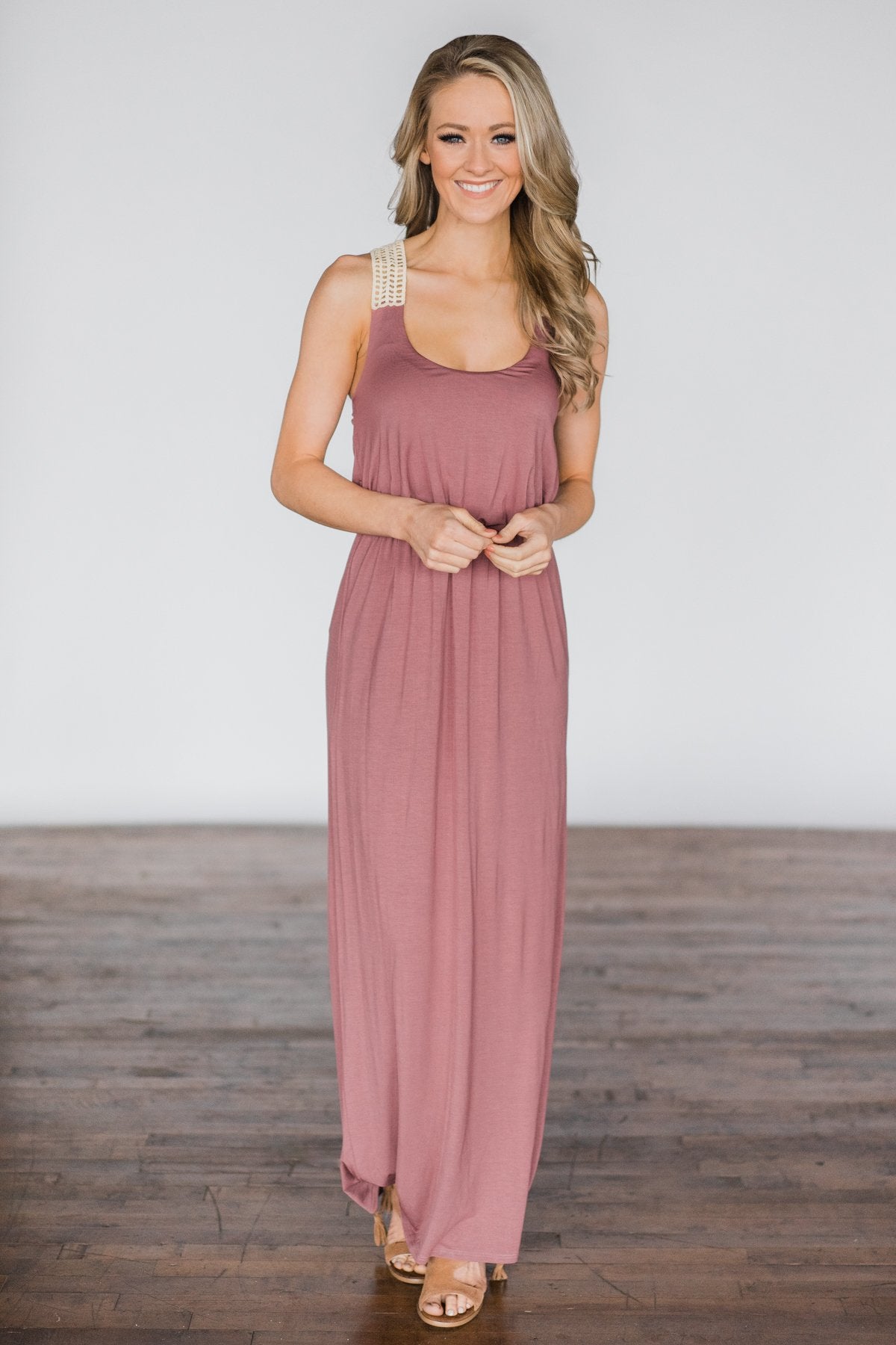Gone Coastal ~ Mauve Crochet Racerback Maxi Dress