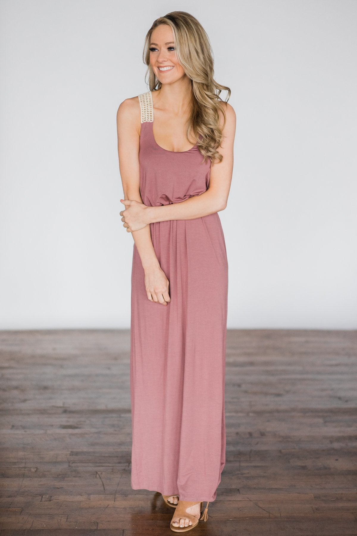 Gone Coastal ~ Mauve Crochet Racerback Maxi Dress