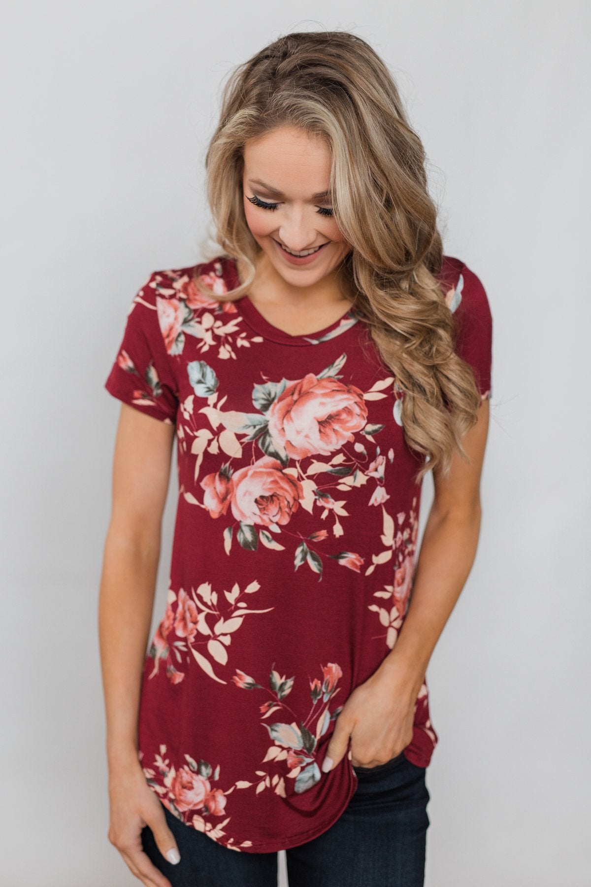 Floral Melody Short Sleeve Top - Burgundy