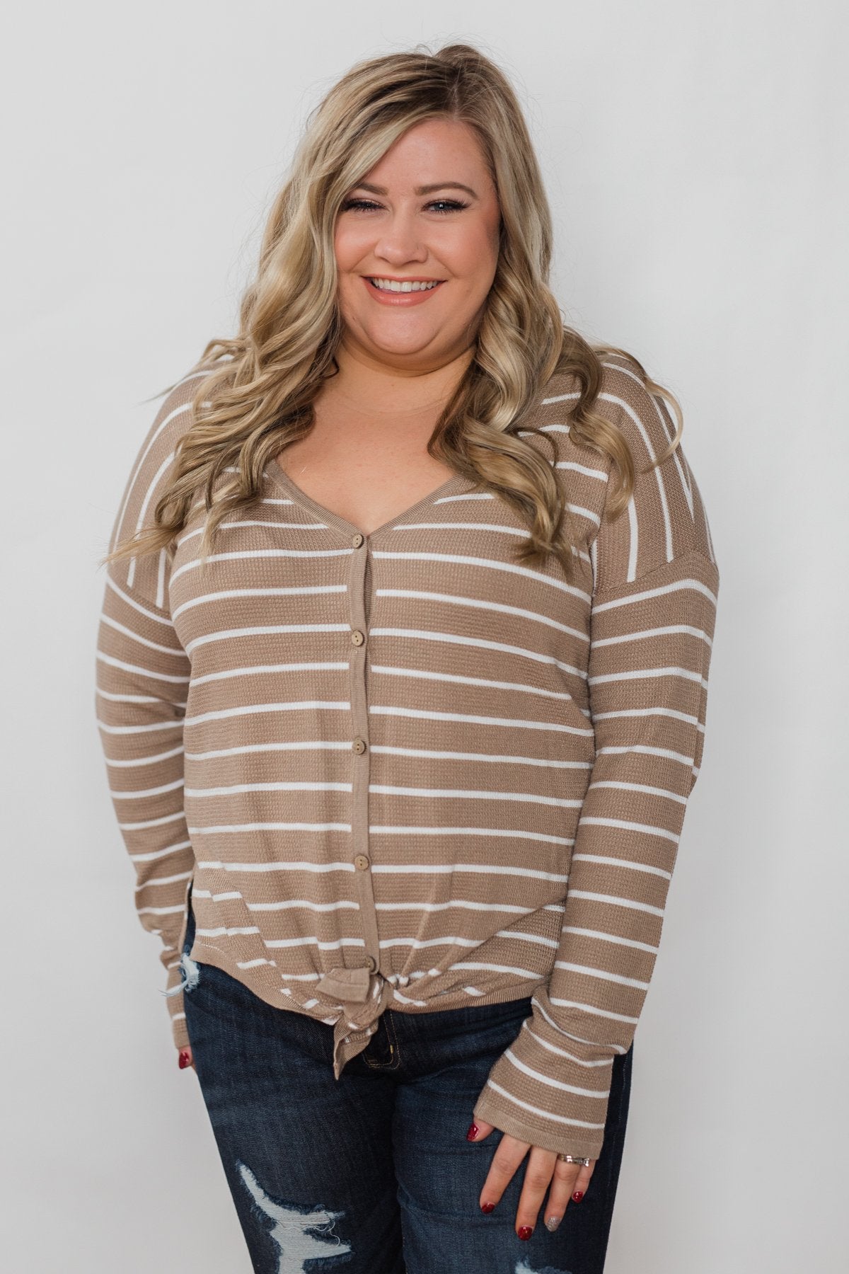 Simple Occasion Striped Button Top- Taupe