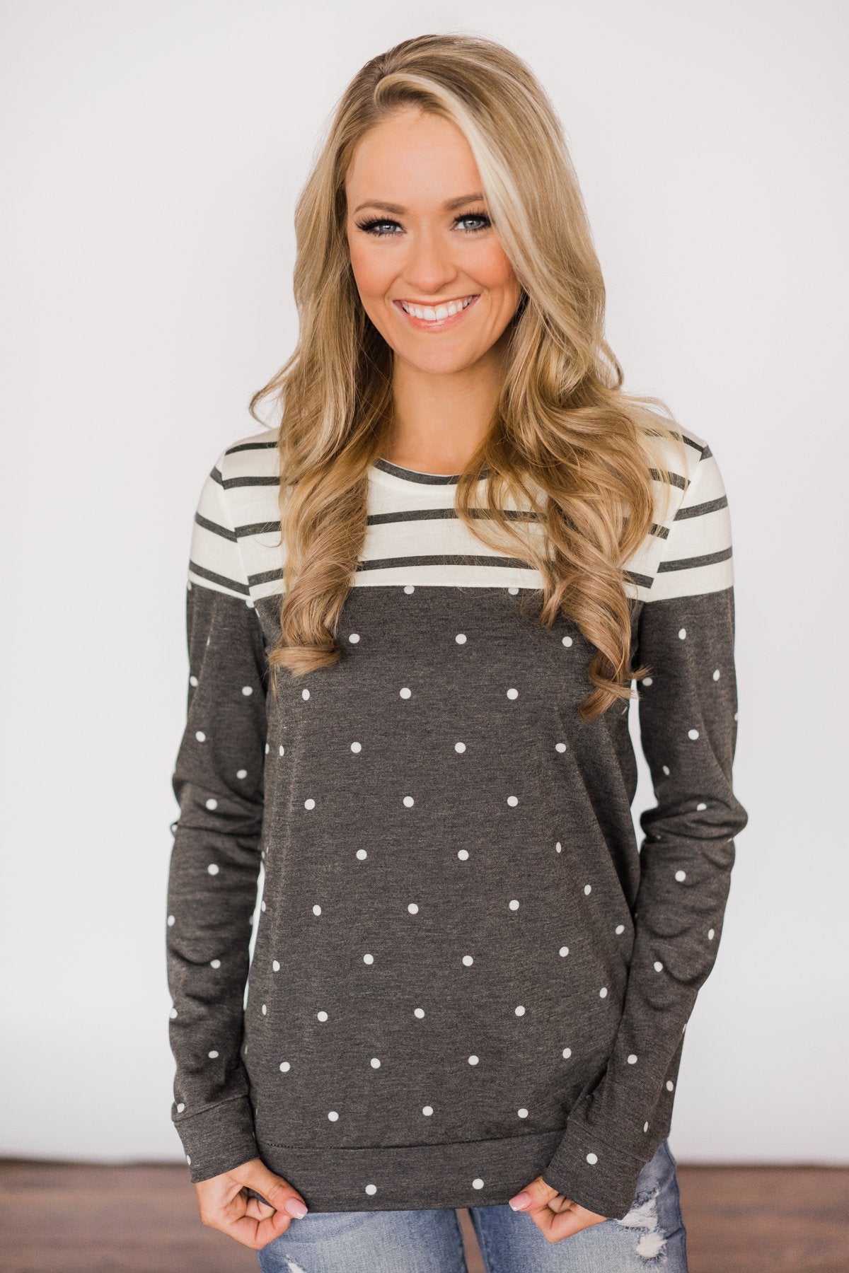 Welcome to the Party~Charcoal Polka Dot & Stripes Top