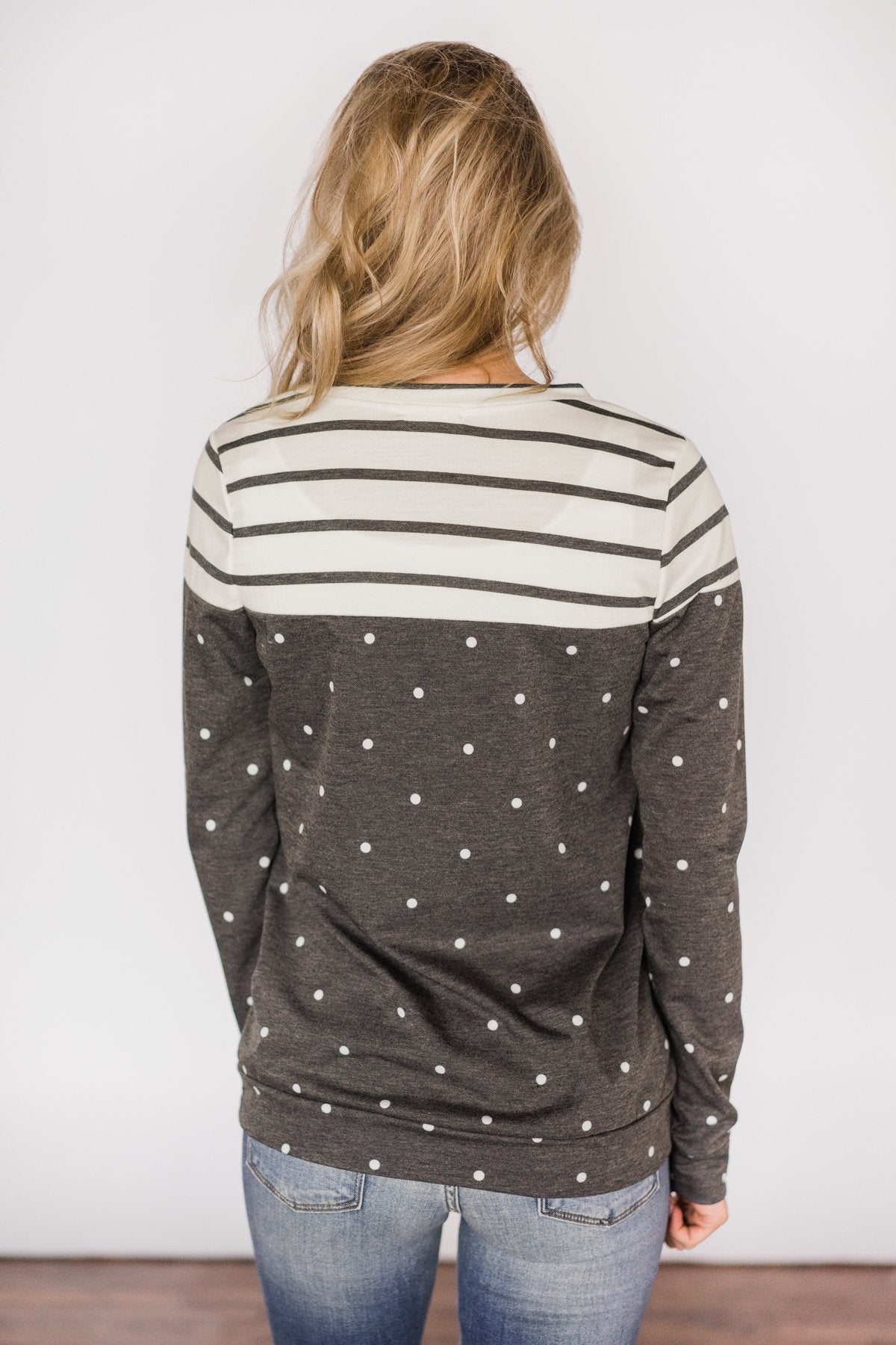 Welcome to the Party~Charcoal Polka Dot & Stripes Top