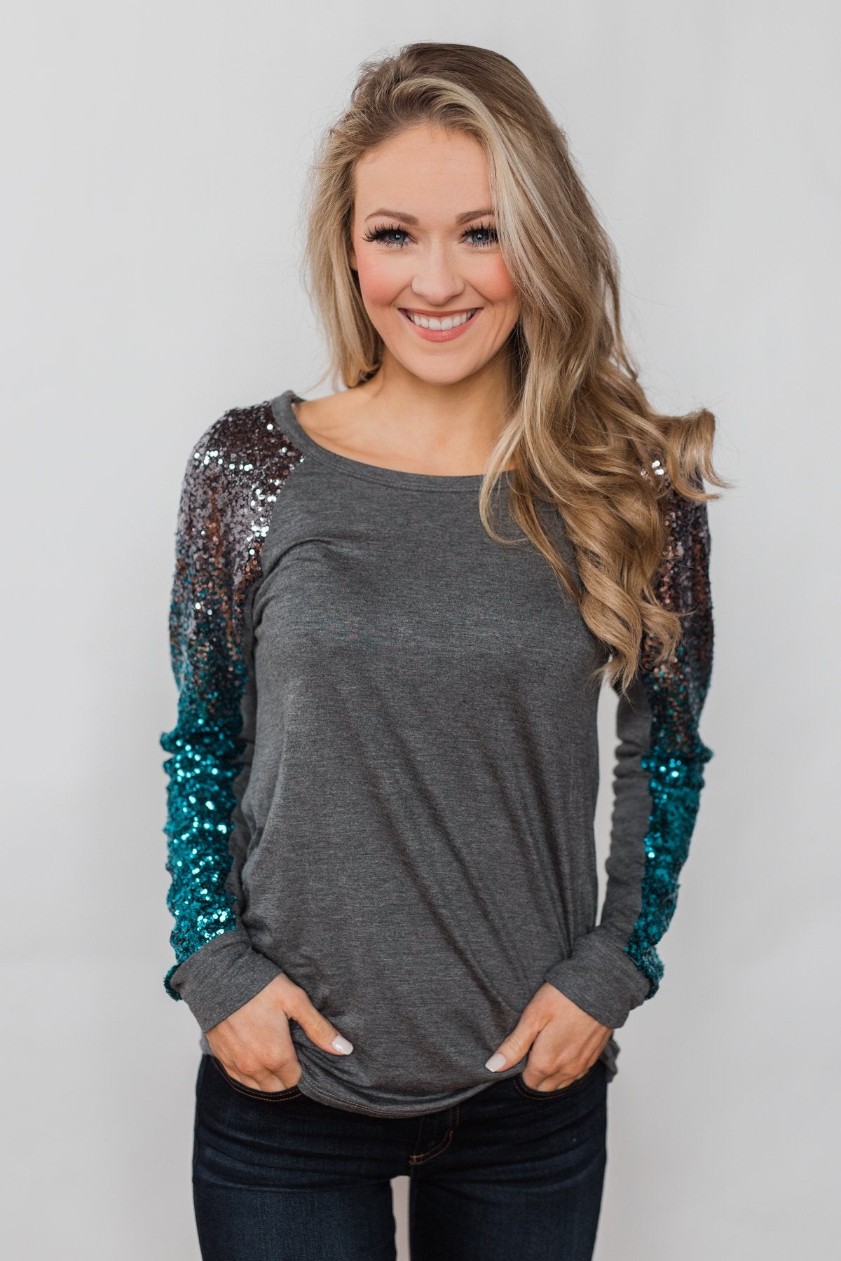 Shine Bright Sequin Top- Charcoal
